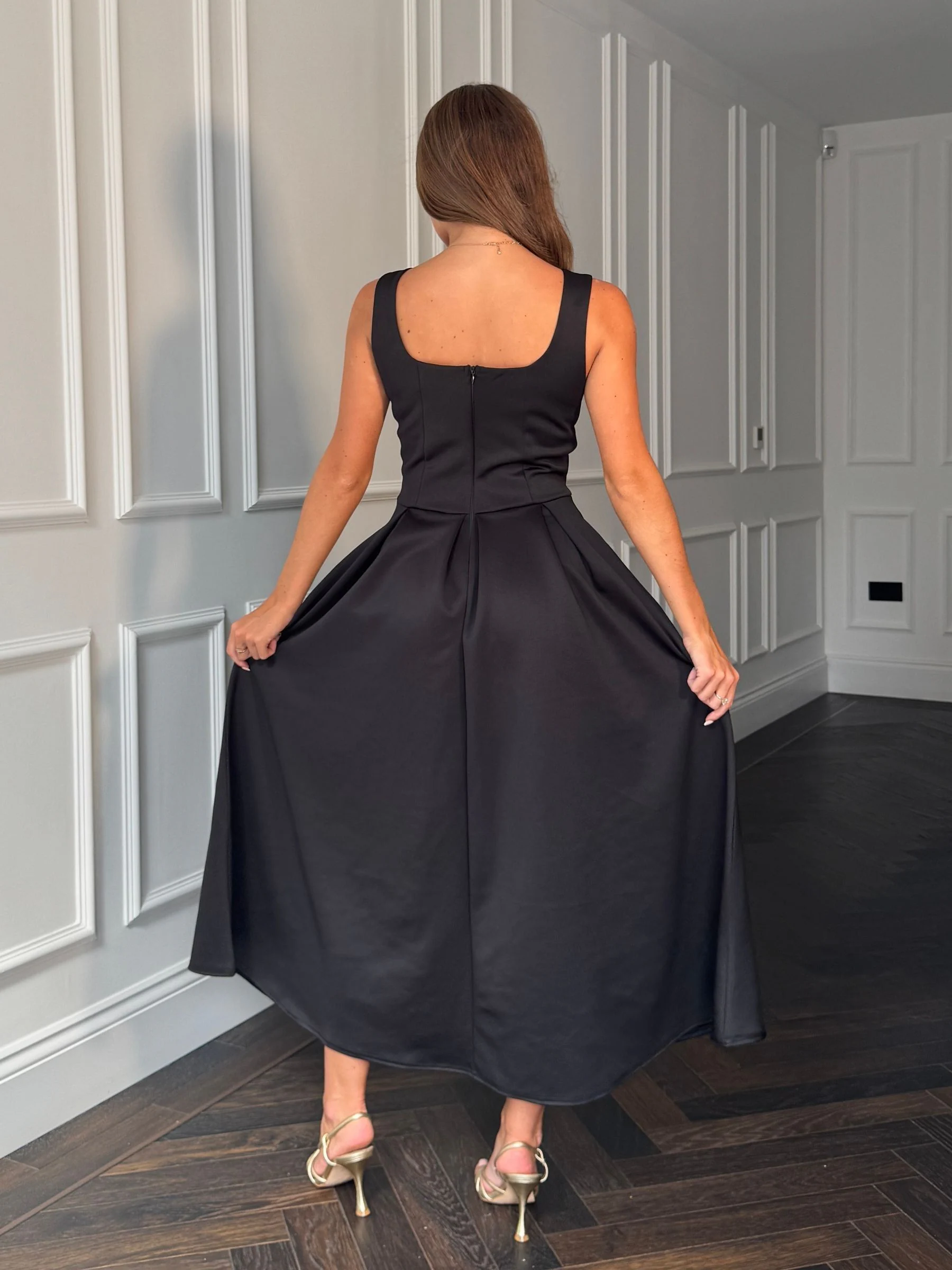 Girl In Mind Black Erica Square Neck Pleated Midi Dress