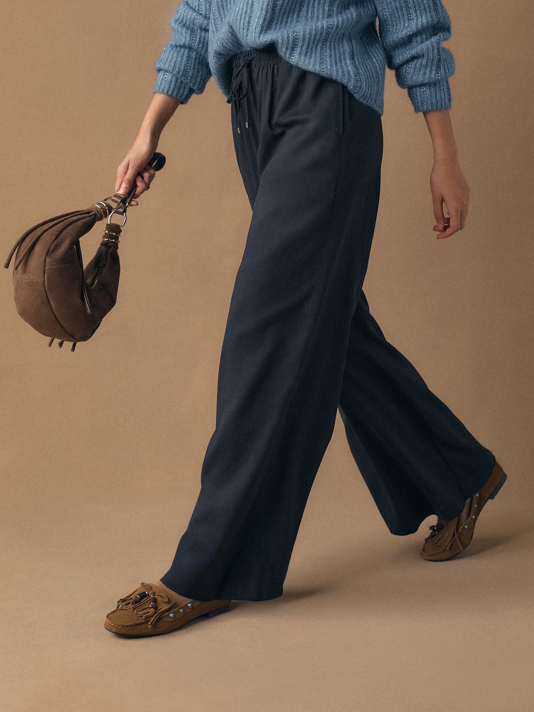 Navy Pull On Wide Leg Trousers With Linen
