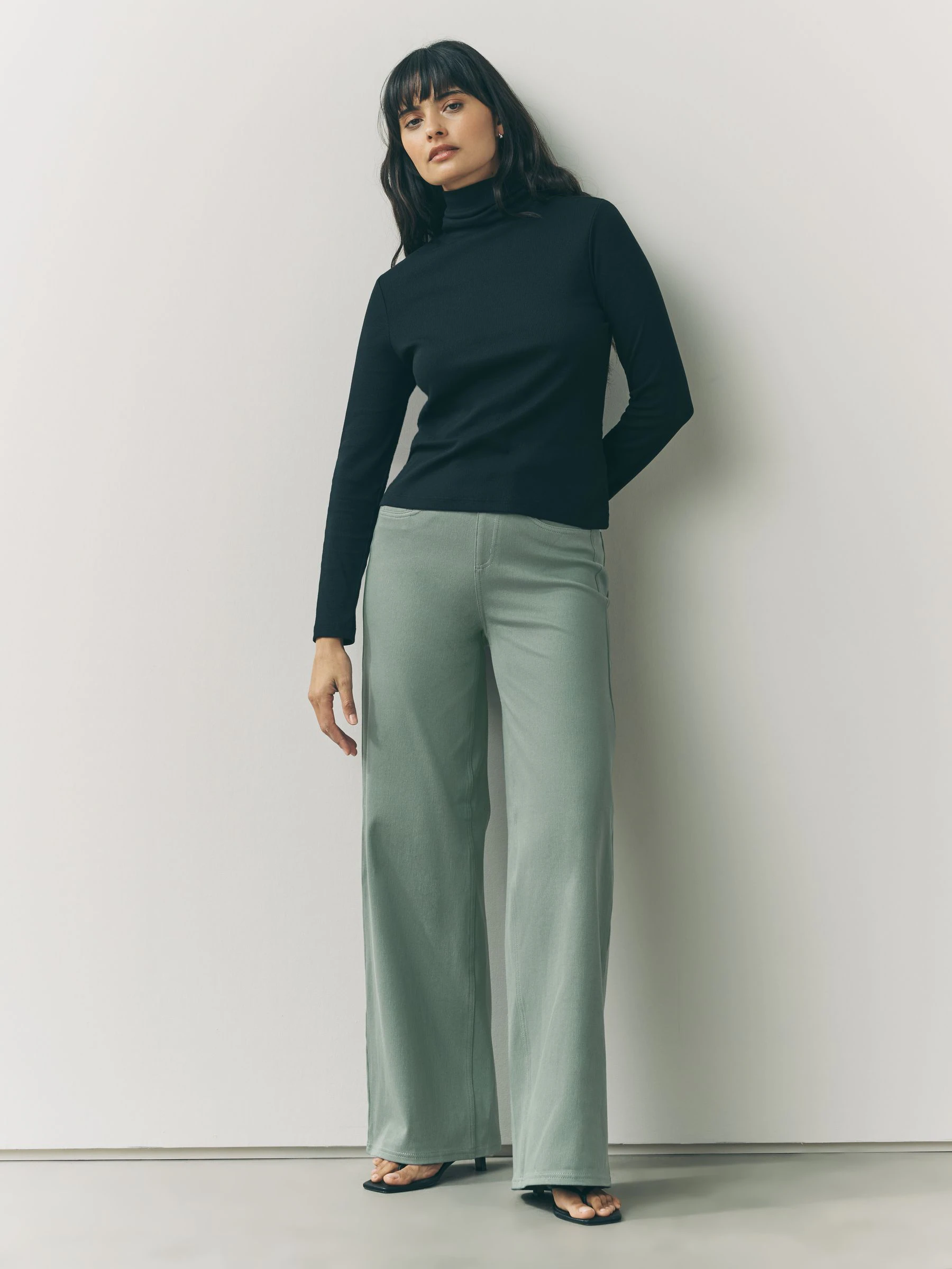 Sage Green Jersey Denim Wide Leg Trousers
