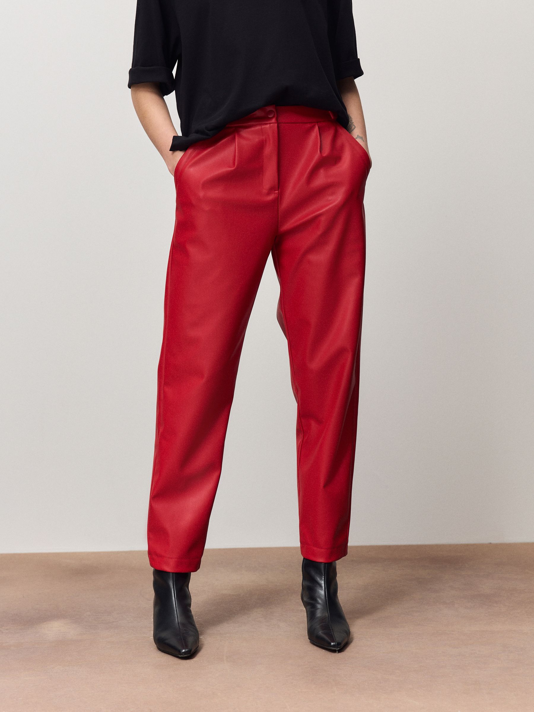 Red Faux Leather Barrel Leg Trousers