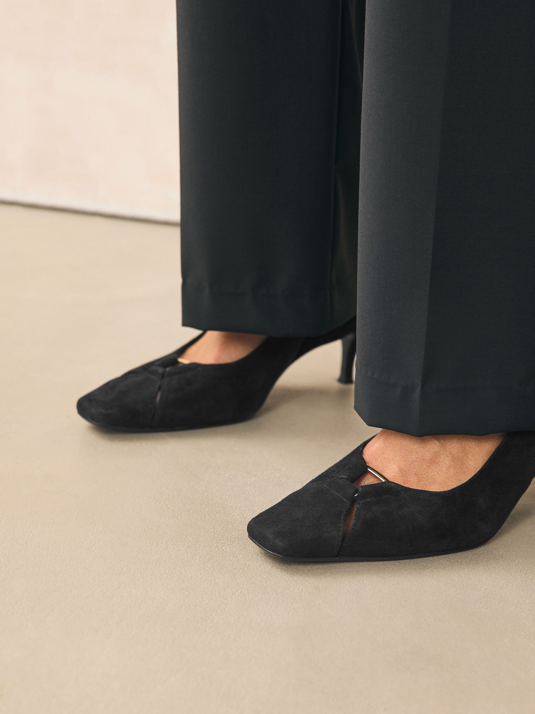 Black Suede Leather Cutout Hardware Detail Slingback Heels