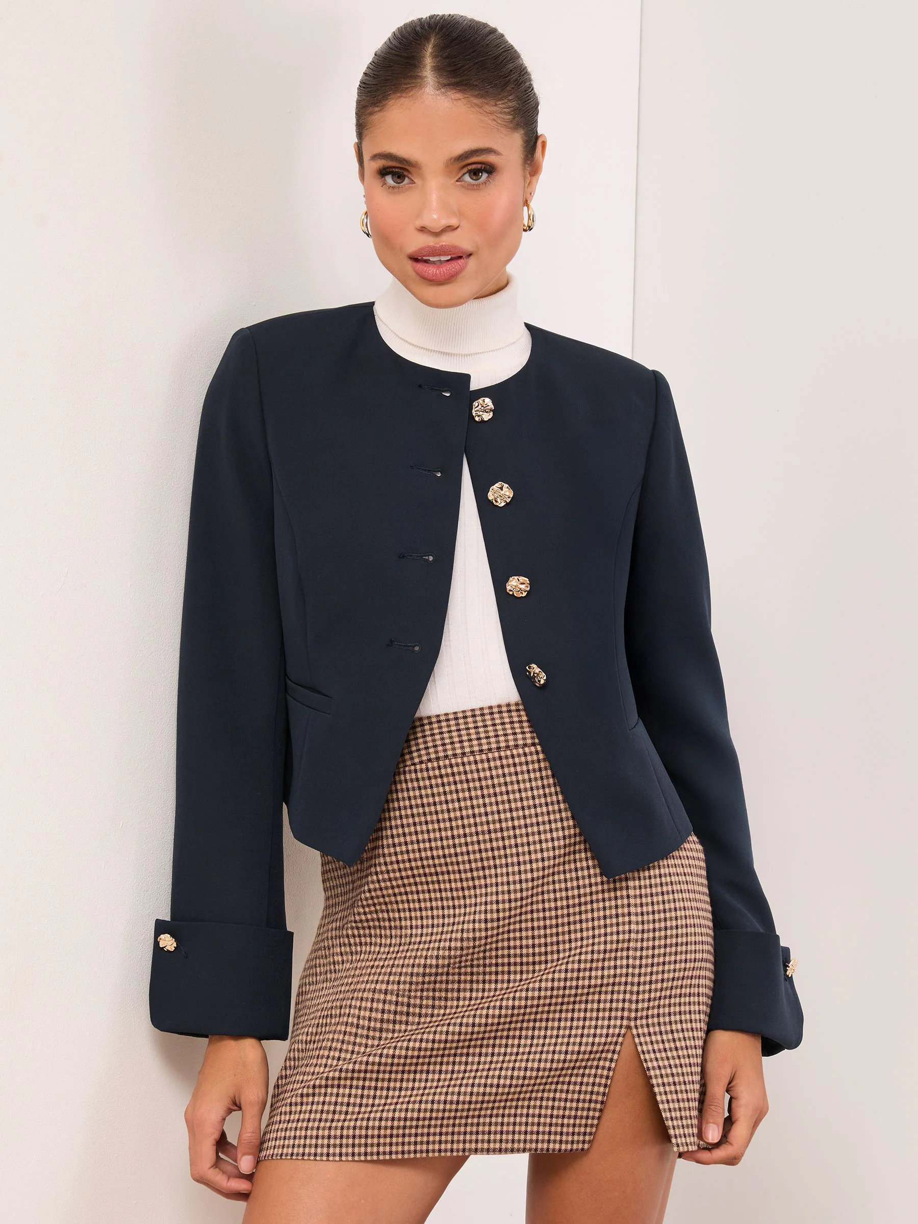 Lipsy Navy Collarless Cropped Blazer