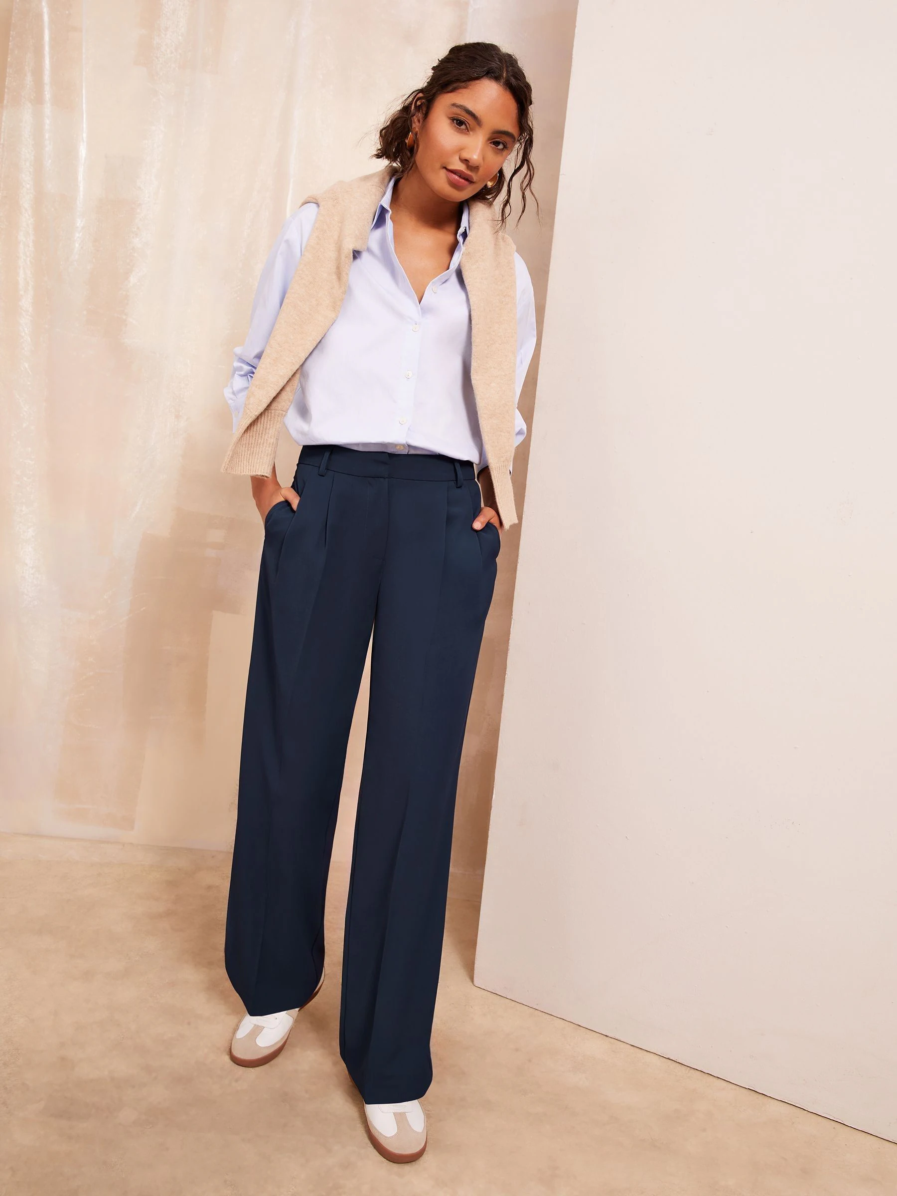 Friends Like These Navy Blue Premium Elastic Back Tailored Wide Leg Trousers
