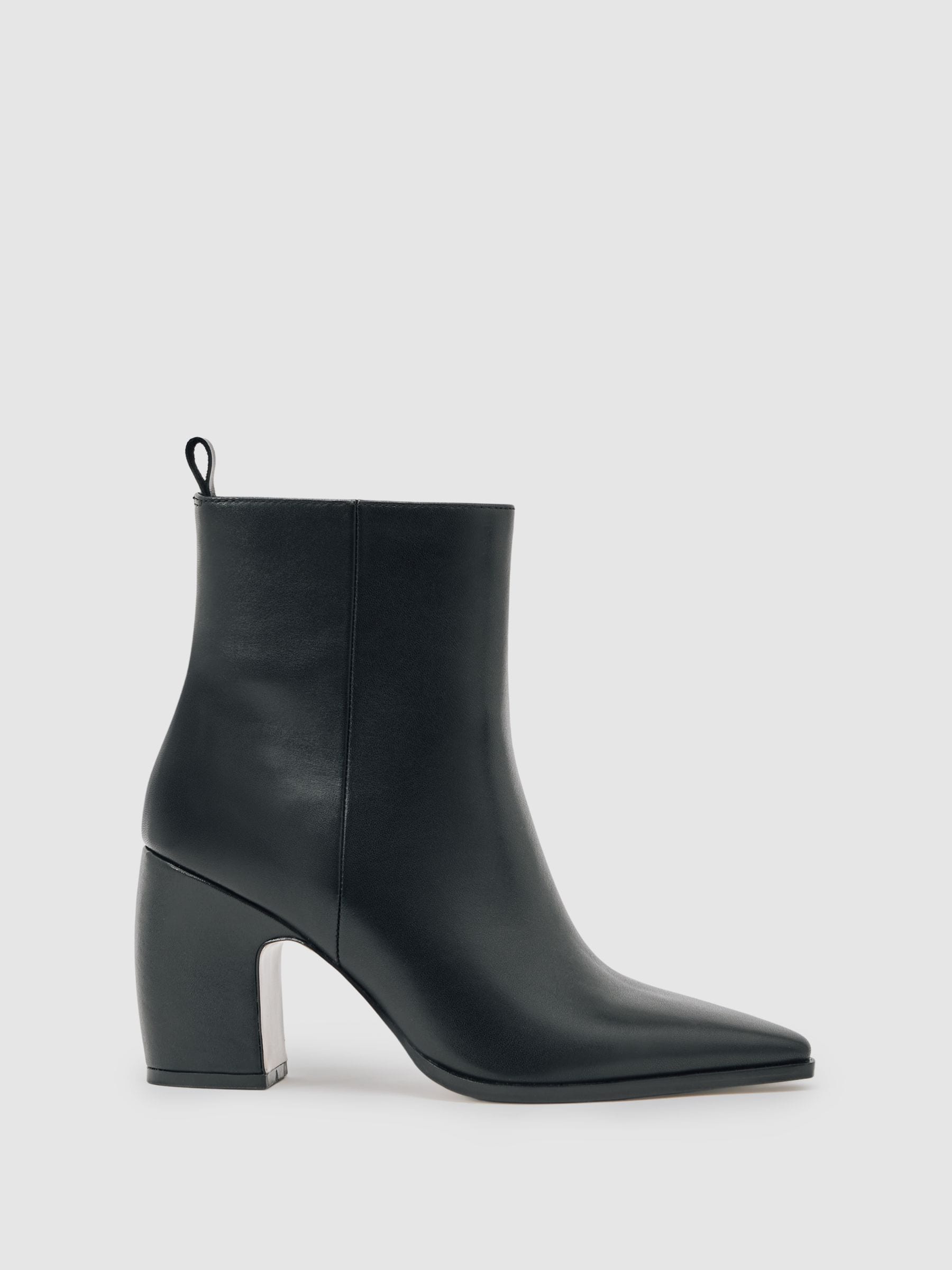 Reiss Black Amy Leather Blocked Heel Ankle Boots