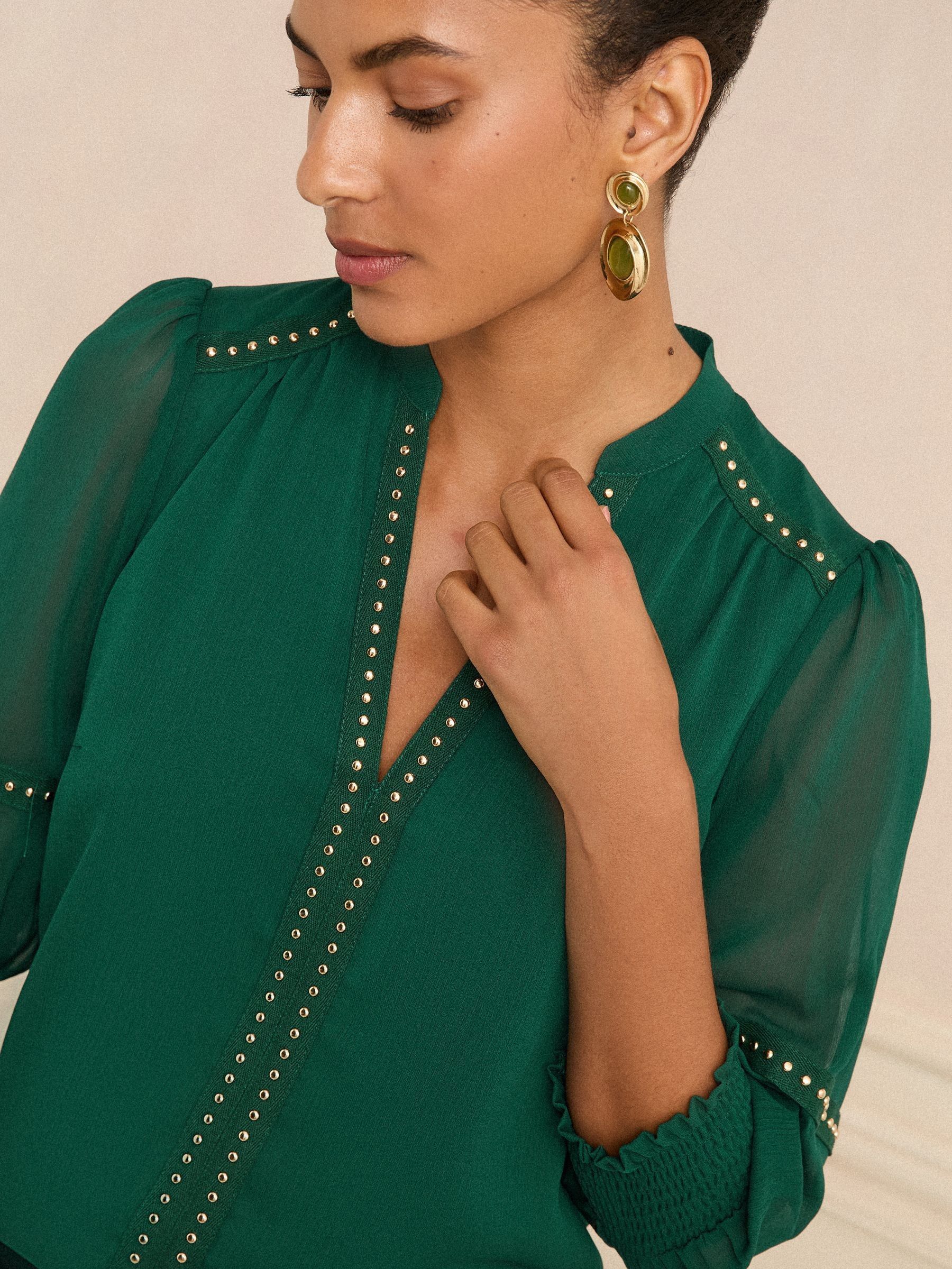 Love & Roses Forest Green V-Neck Hardware 3/4 Sleeve Blouse