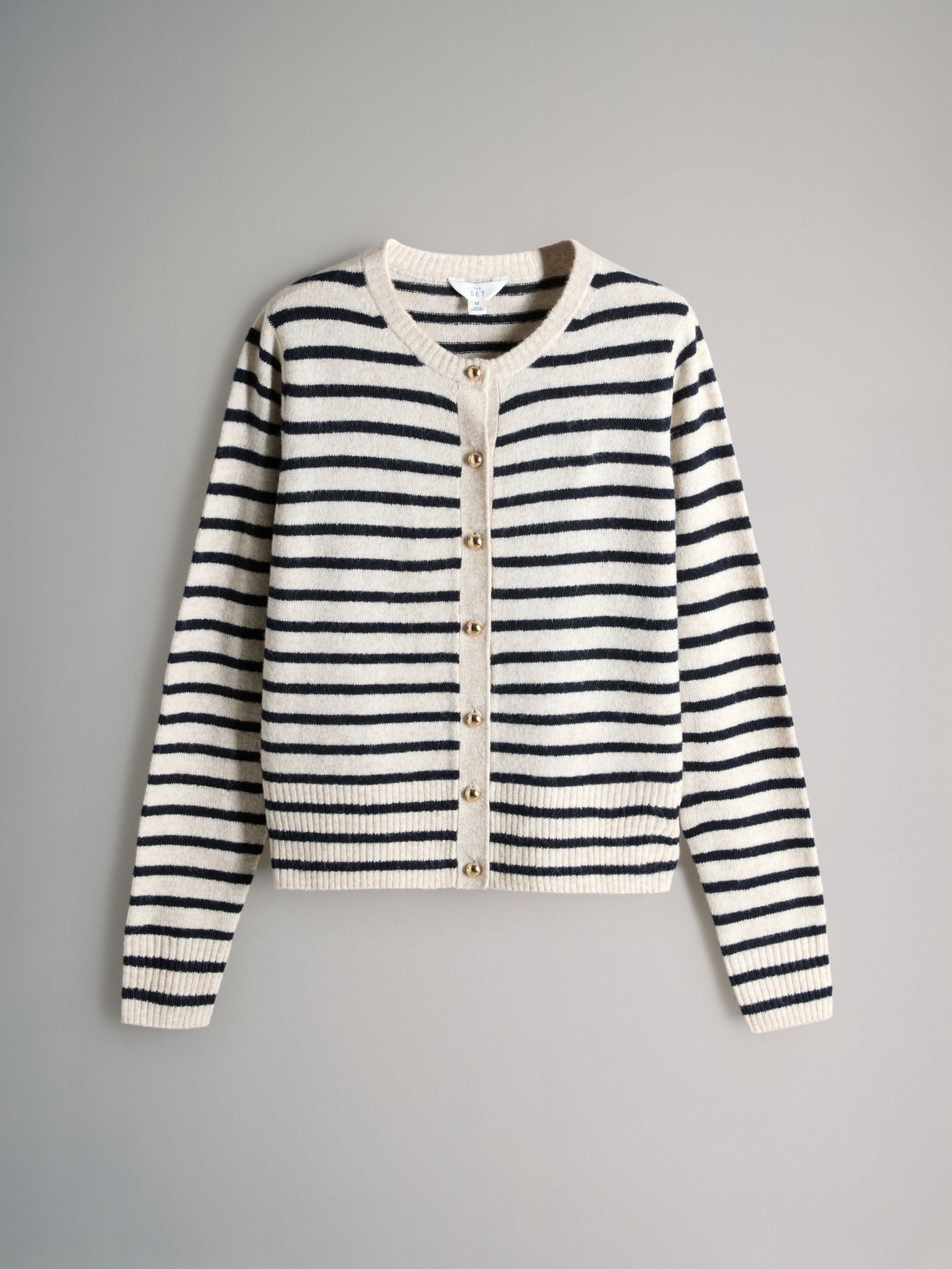 The Set Navy/Cream Stripe 2 Pack Gold Button Knitted Cardigans With Wool
