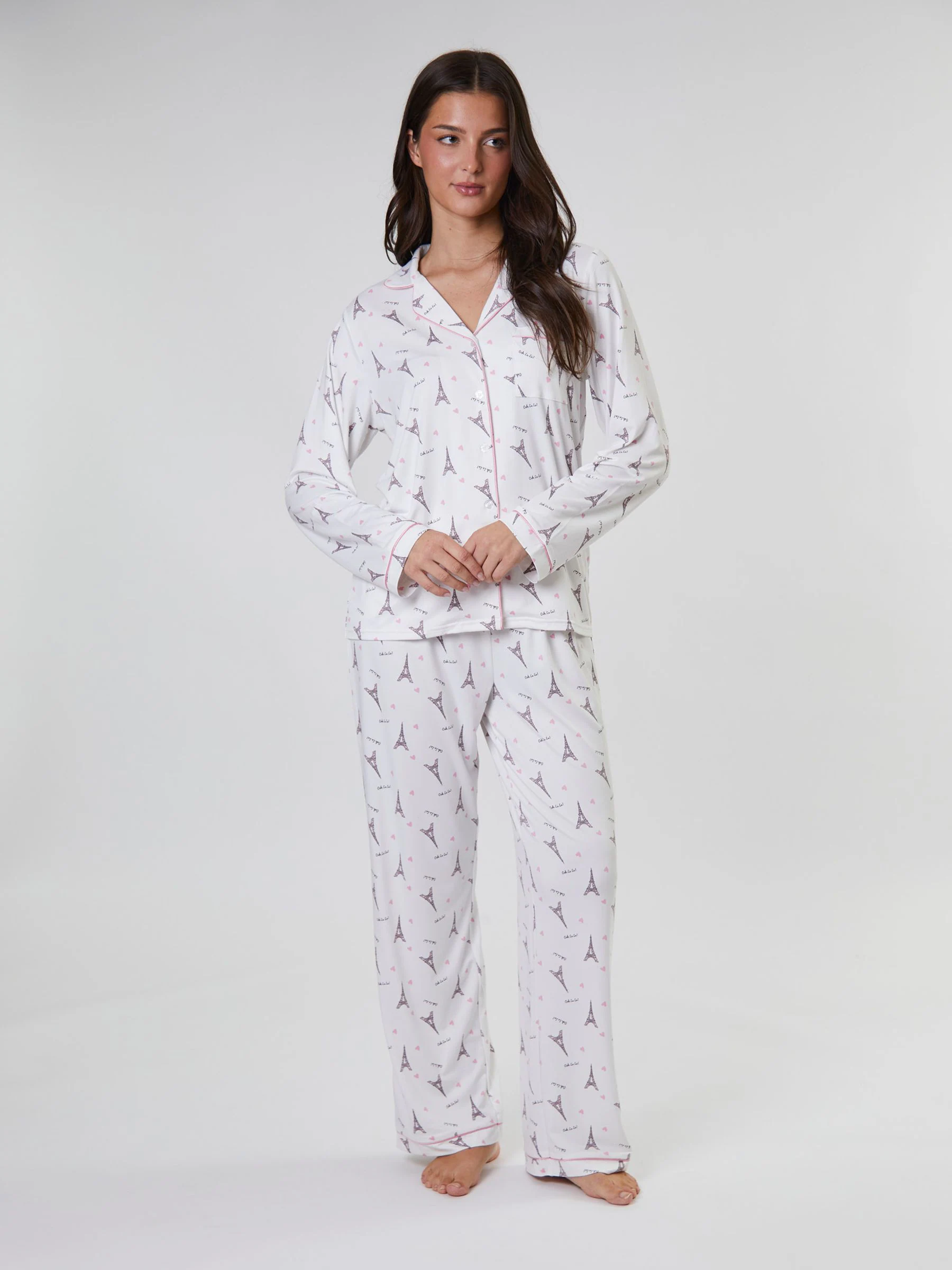 Loungeable White/Pink Paris Ooh Lala Long Sleeve Button Through Pyjamas