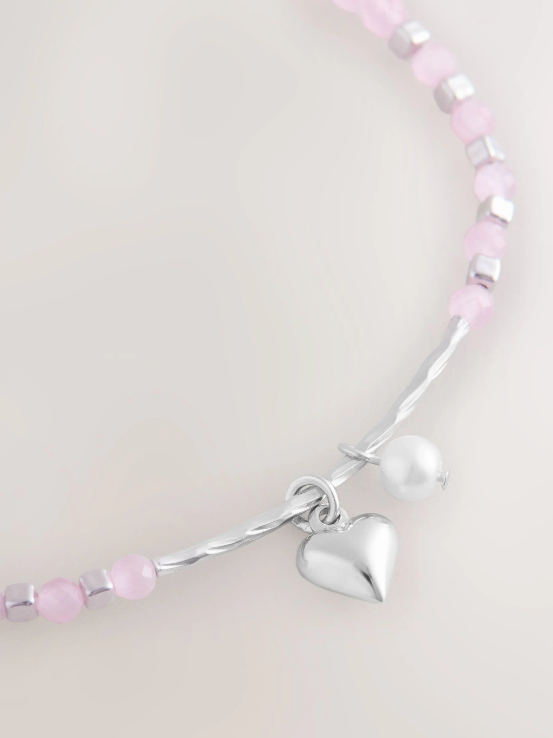 Sterling Silver Heart Charm Pink Bead Bracelet