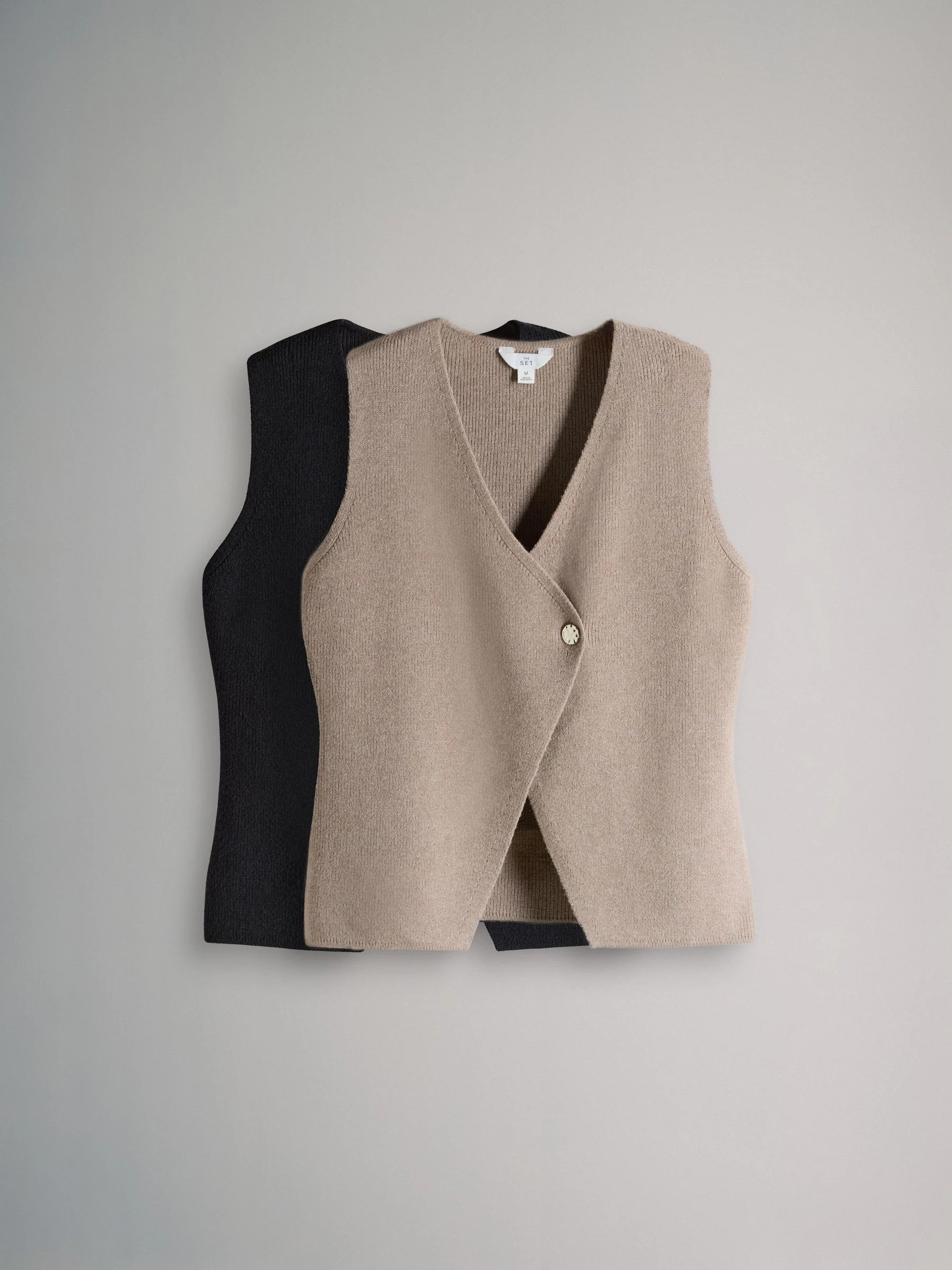 The Set 2 Pack Knitted Gold Button Ribbed Waistcoat Neutral/Black