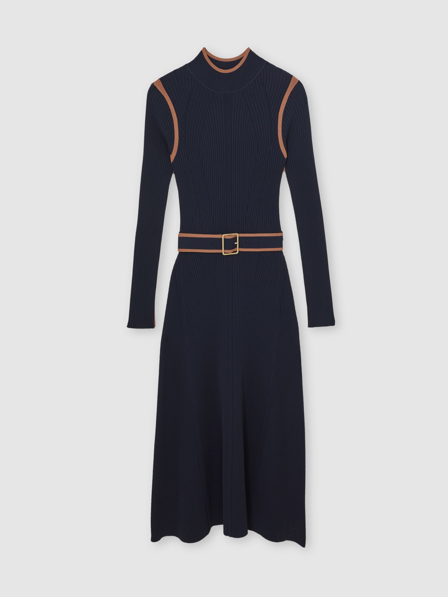 Reiss Navy/Camel Ella Colour-Block Rib-Knit Midi Dress