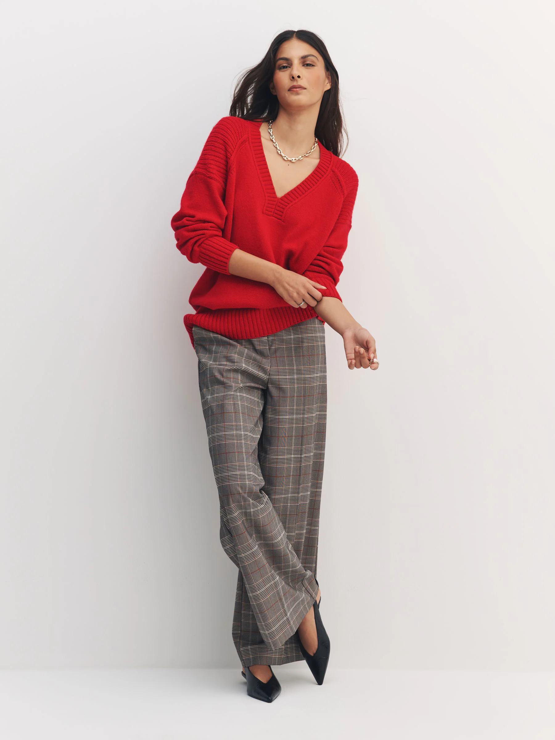 Cherry Red Cotton And Wool Blend Longline V-Neck Jumper