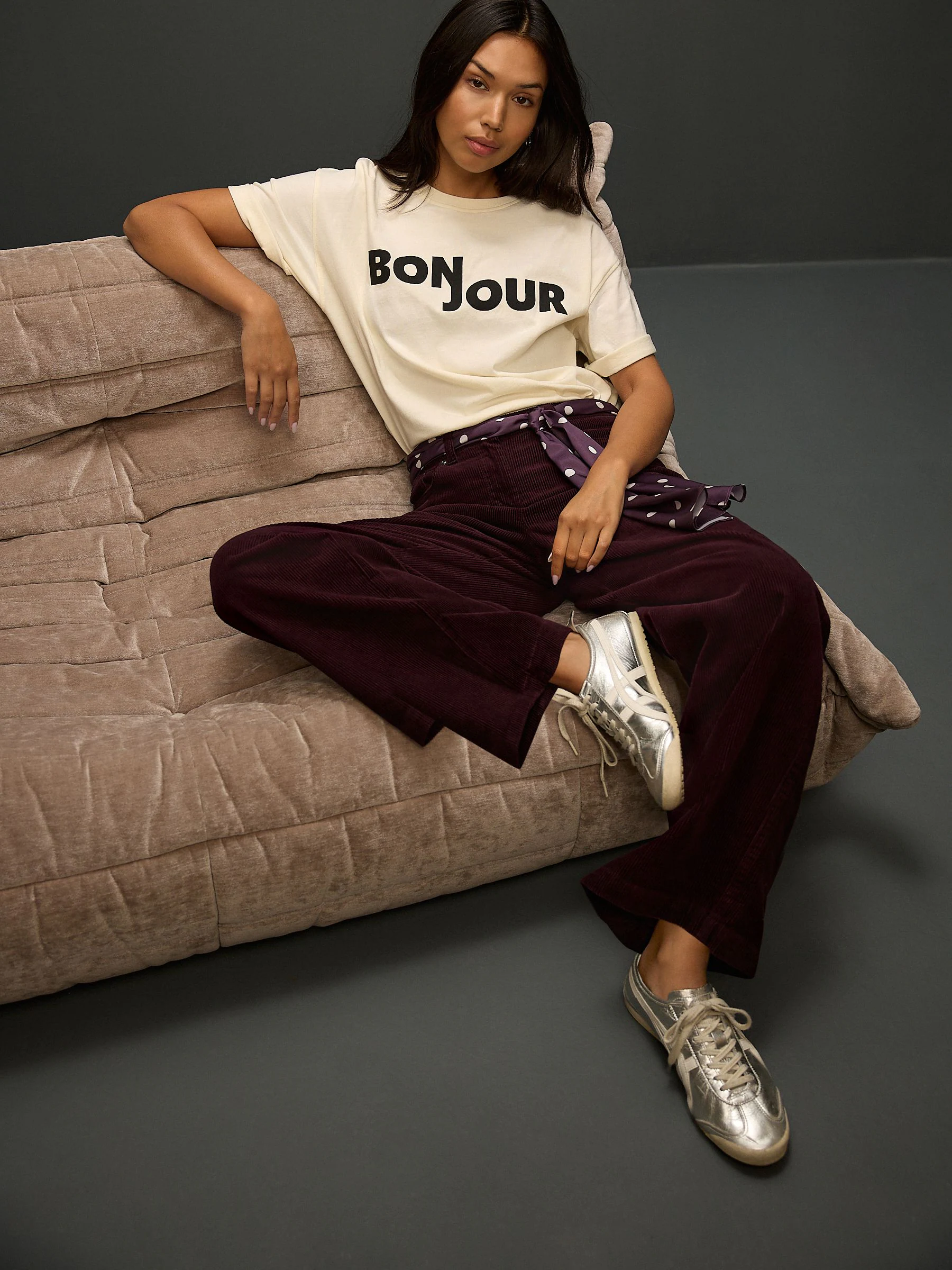 Burgundy Red Cord Wide Leg Trousers With Scarf