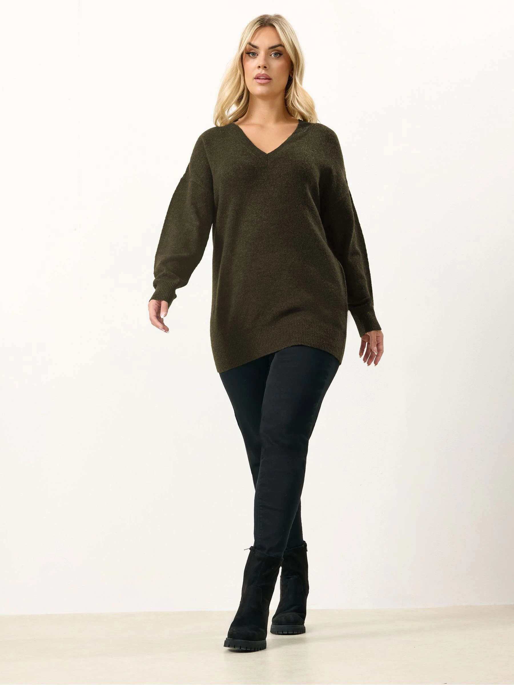 Yours Curve Brown V-Neck Soft Touch Jumper