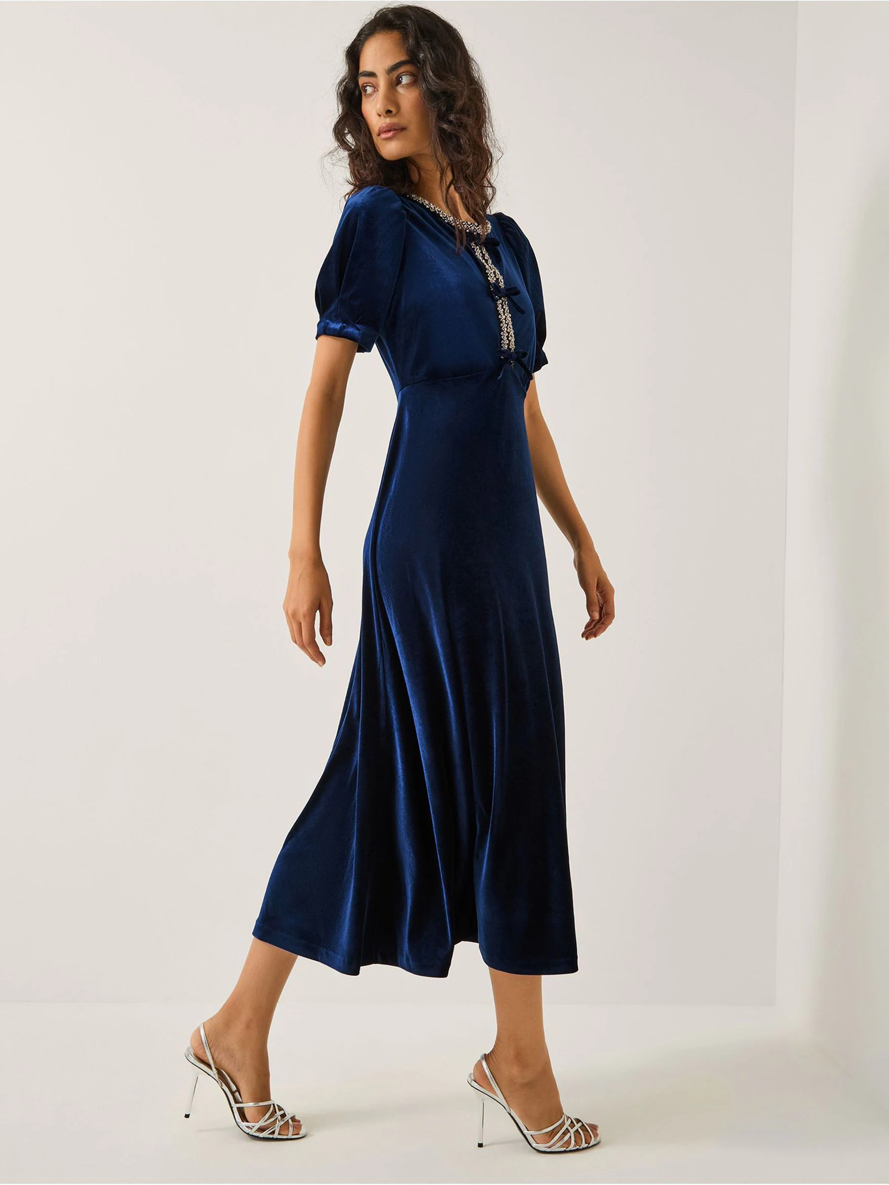 Monsoon Blue Celeste Embellished Bow Velvet Midi Dress