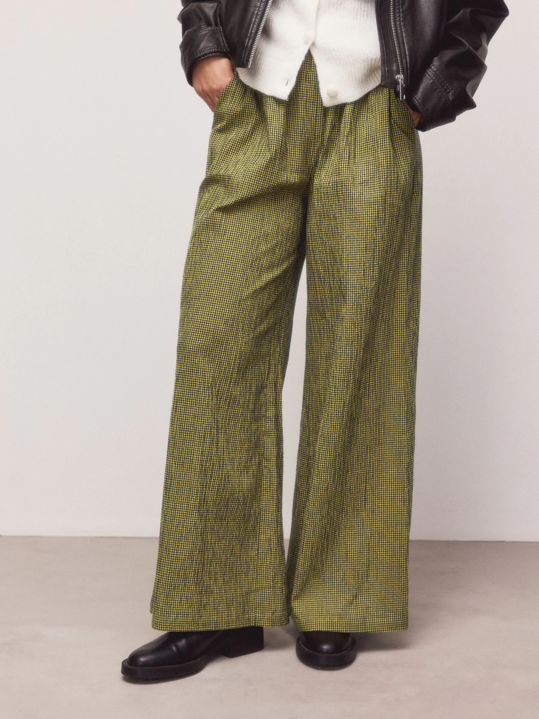 Green/Navy Blue Gingham Wide Leg Trousers