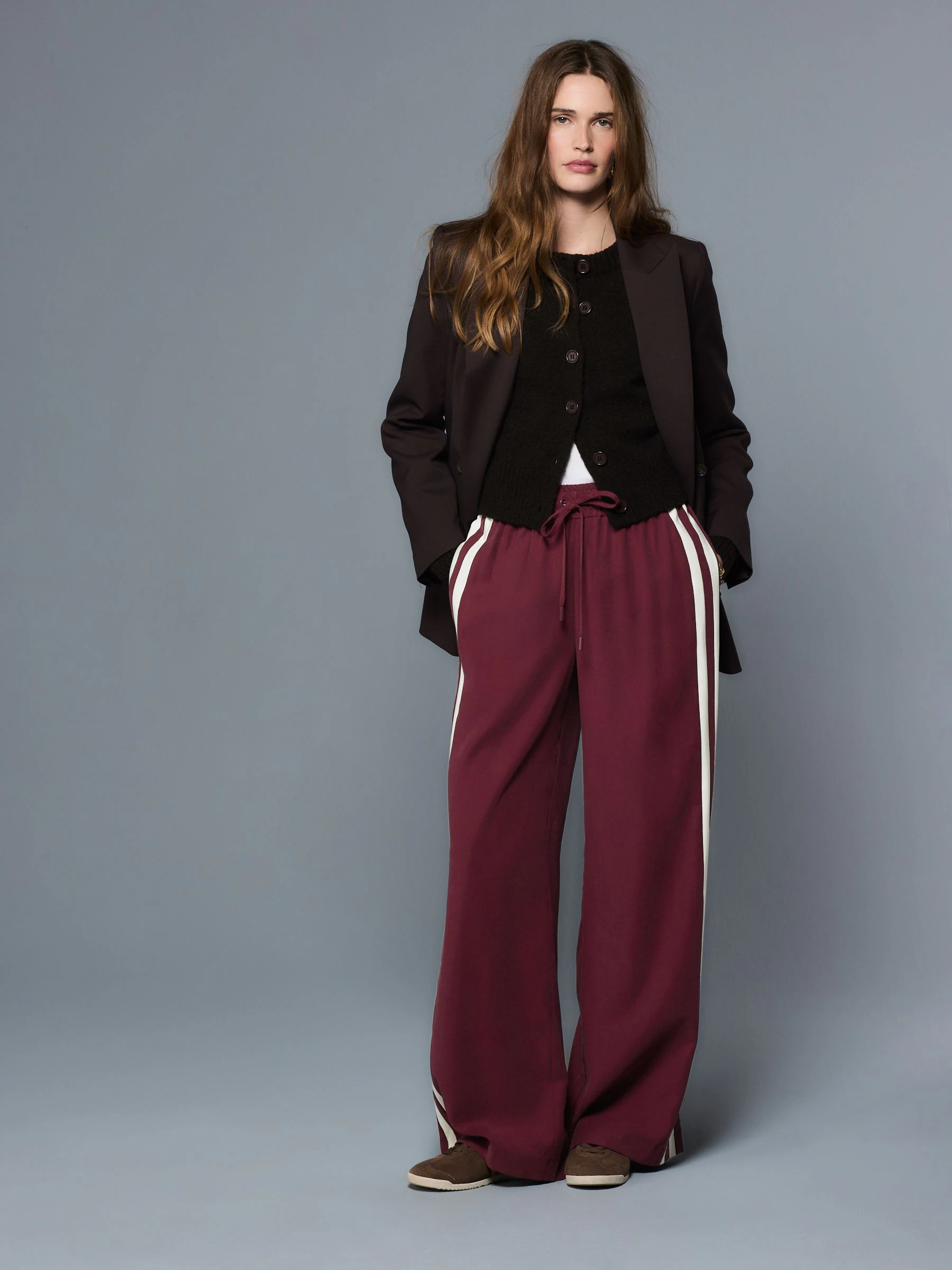 Burgundy Red Wide Leg Side Stripe Trousers