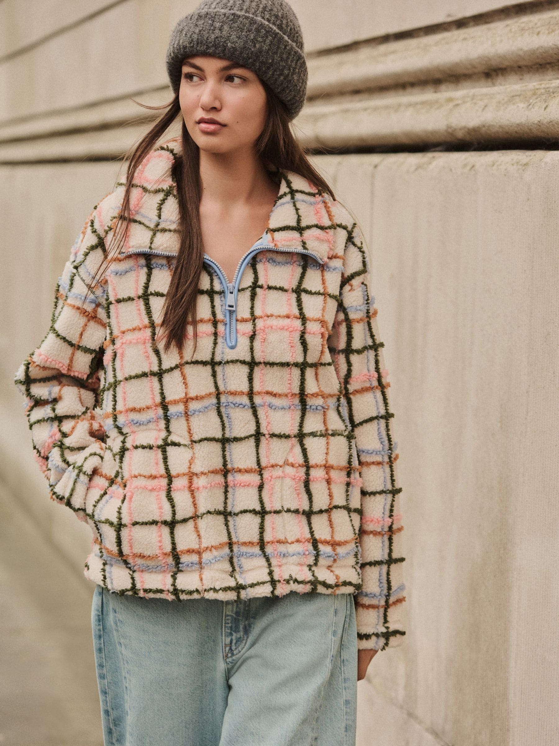 Pink/ Ecru Check Soft Touch Cosy Teddy Borg Quarter Zip Fleece