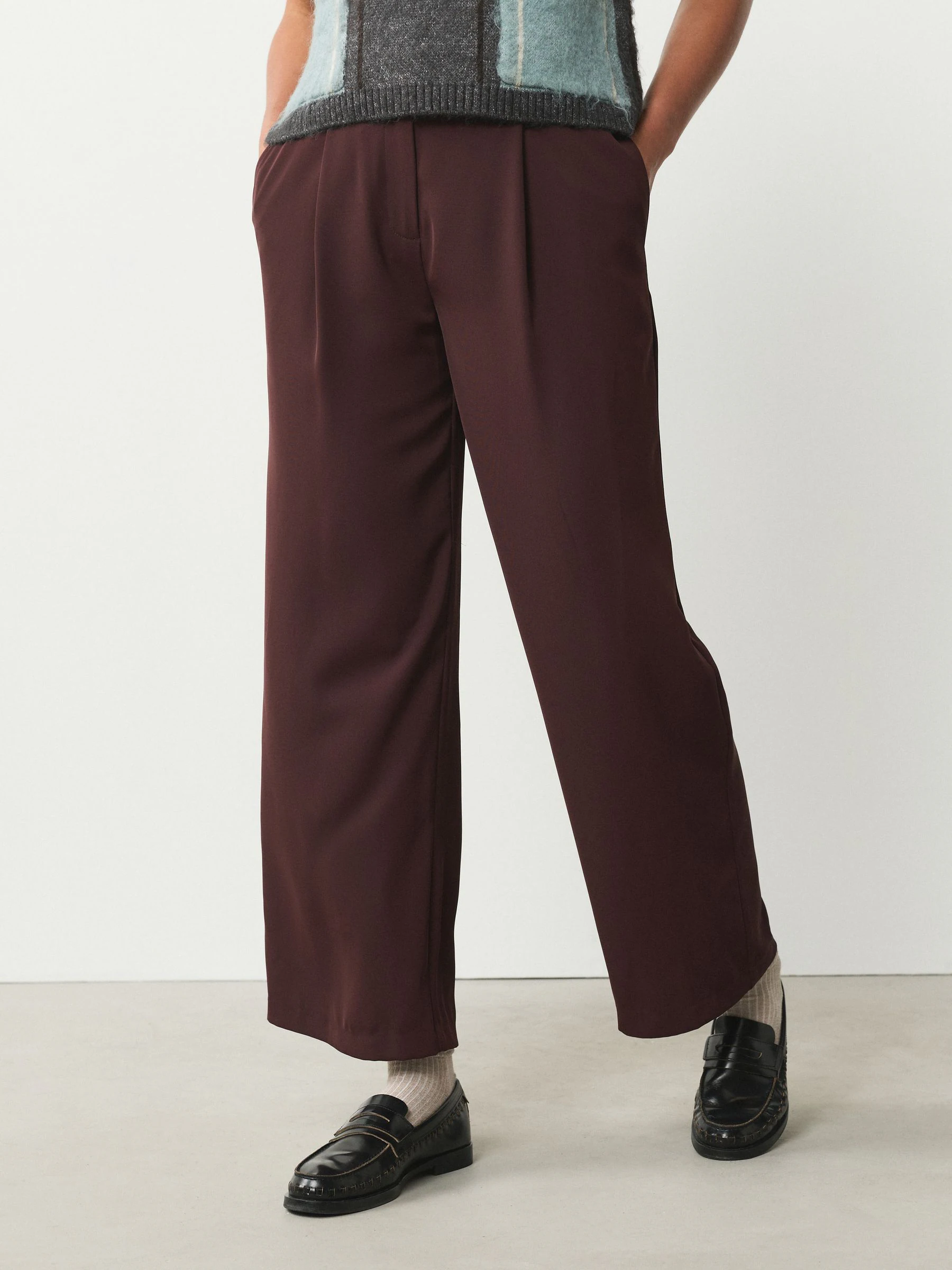 Burgundy Red Elastic Back Wide Leg Trousers