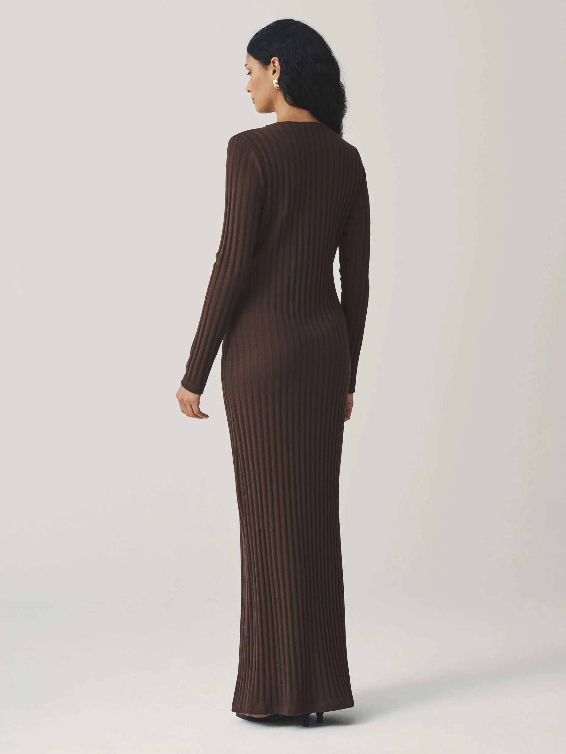 Chocolate Brown Ribbed Long Sleeve Button Down Midi Dress