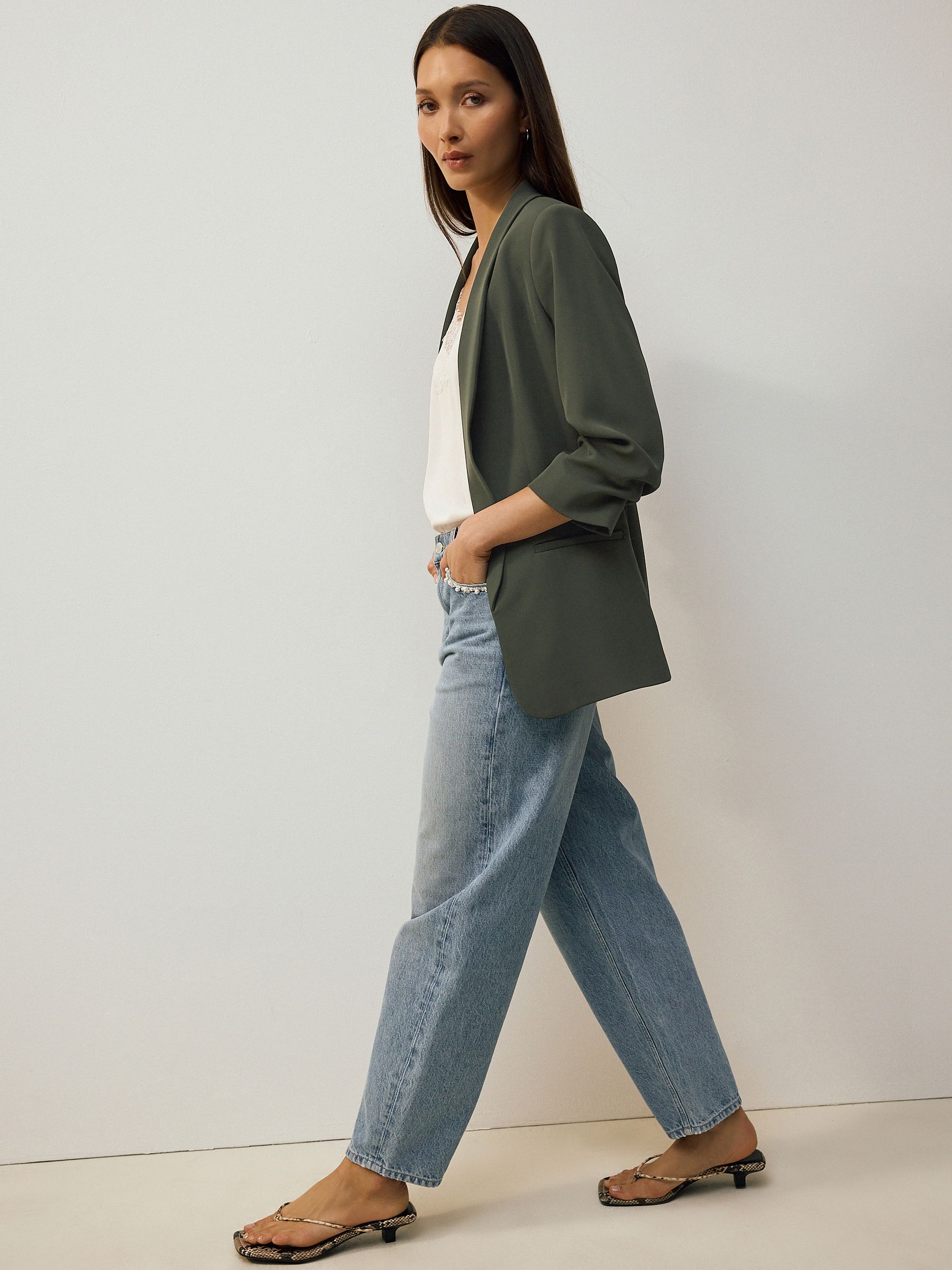 Khaki Green Relaxed Ruched Sleeve Blazer