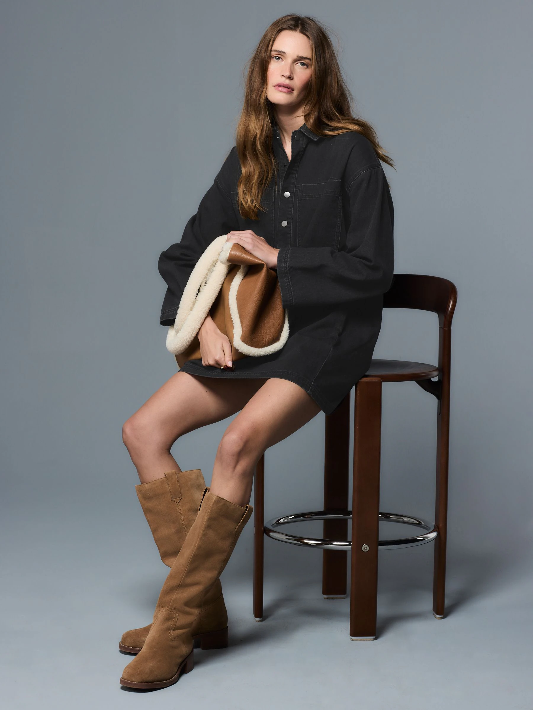 Washed Black Mini Long Sleeve Utility Denim Dress