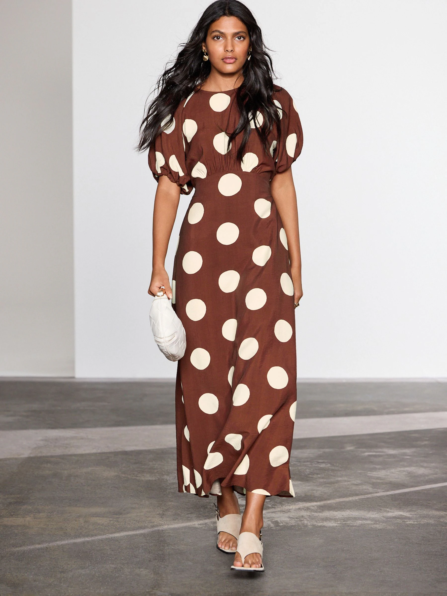 Chocolate Brown Spot Puff Sleeve Midi Dress