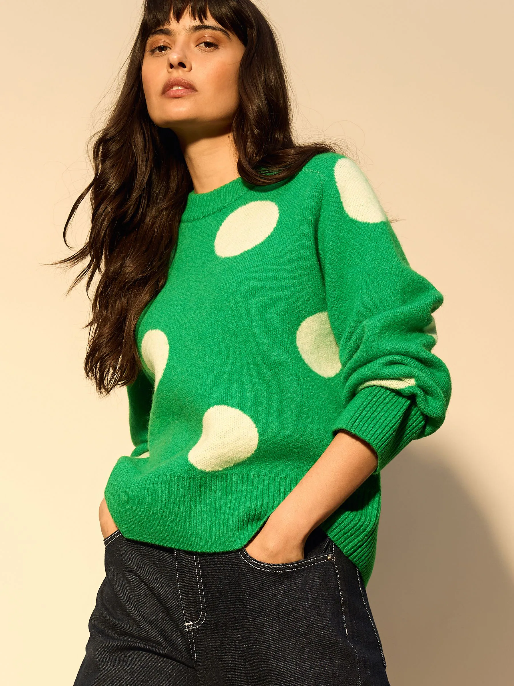 Bright Green Spot Crew Neck Knitted Jumper with Wool