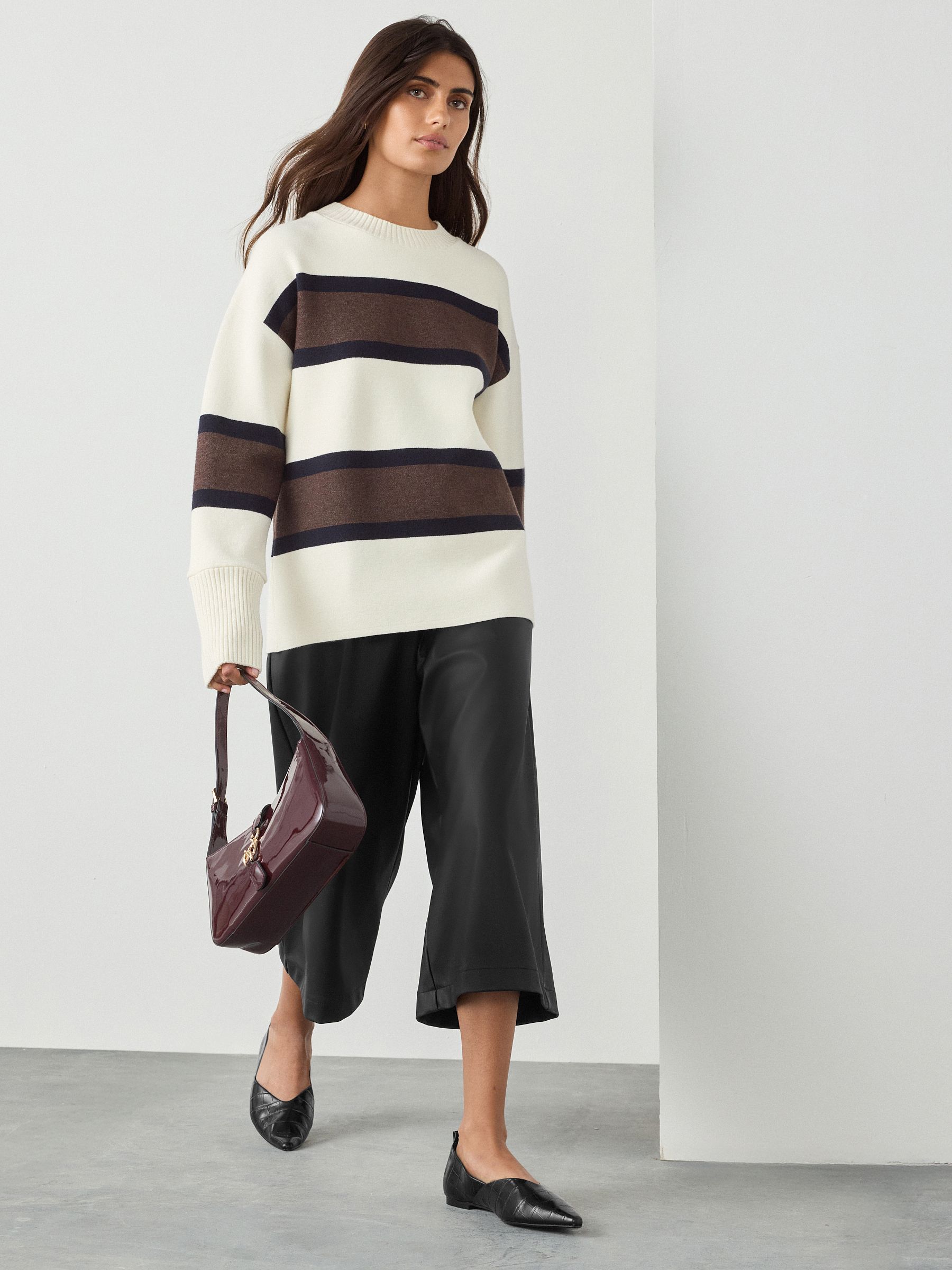 Black/Brown/Ecru Stripe Cosy Crew Neck Jumper With Ribbed Detail