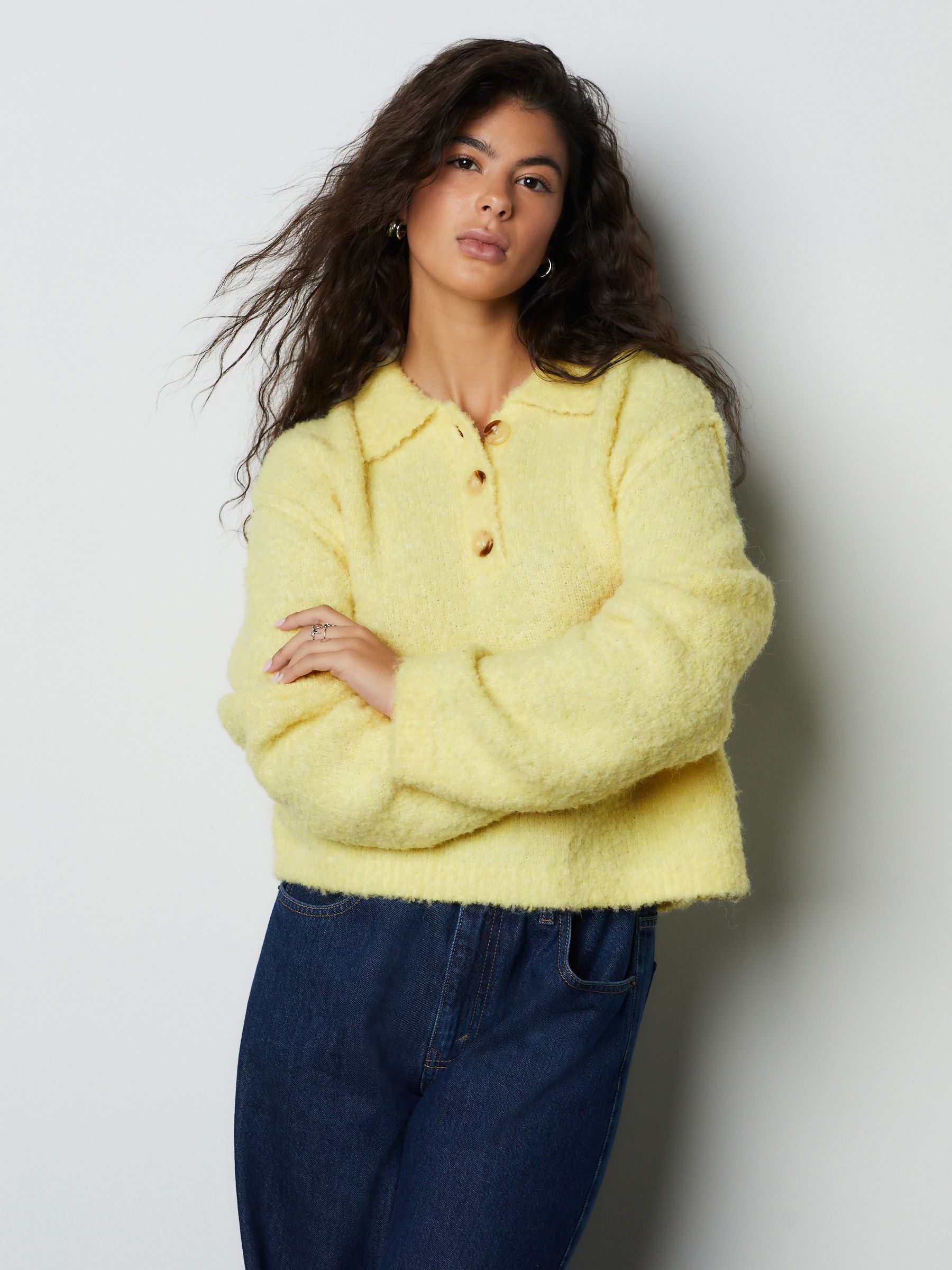 Yellow Boucle Long Sleeve Polo Jumper