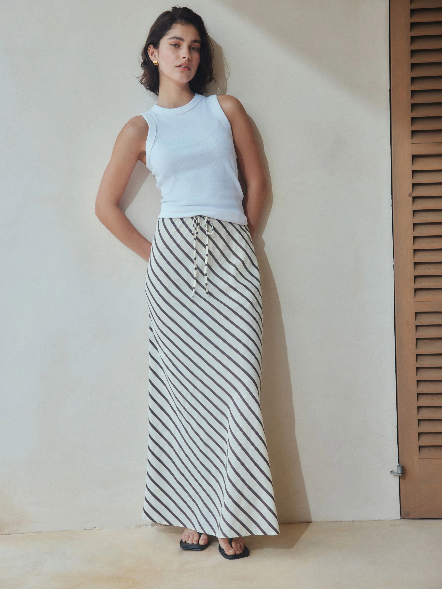 Chocolate Brown Summer Column Skirt With Linen