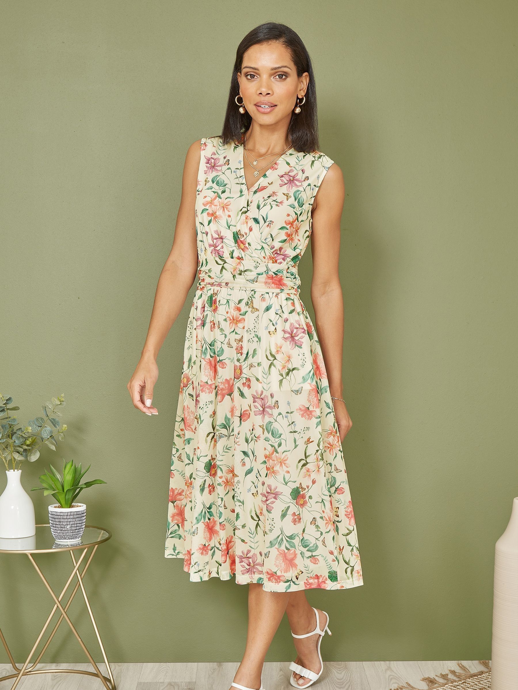 Yumi Cream Floral Print Mesh Stretch Midi Dress With Pockets
