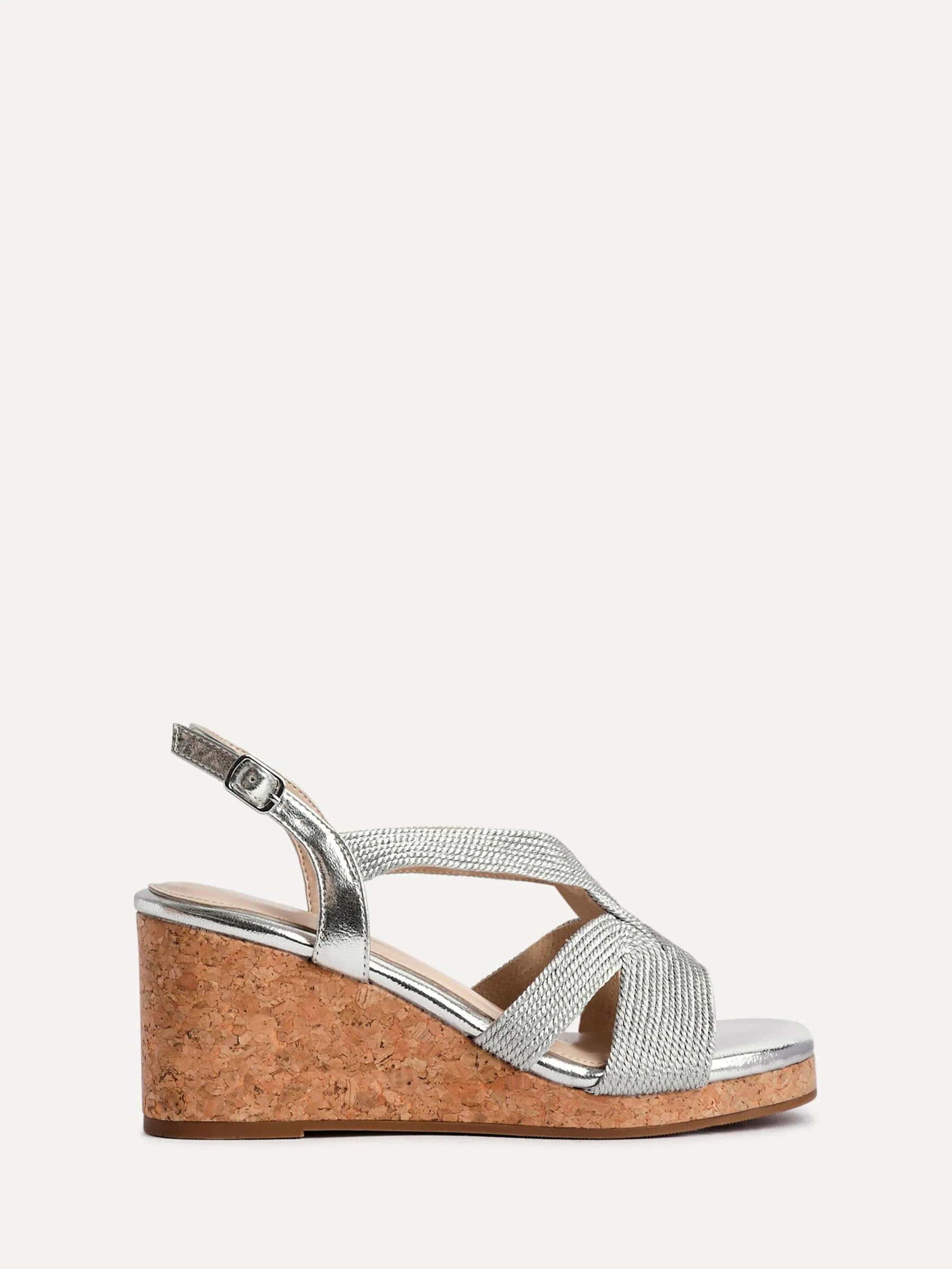 Linzi Silver Destined Cork Wedges With Crossover Textured Straps