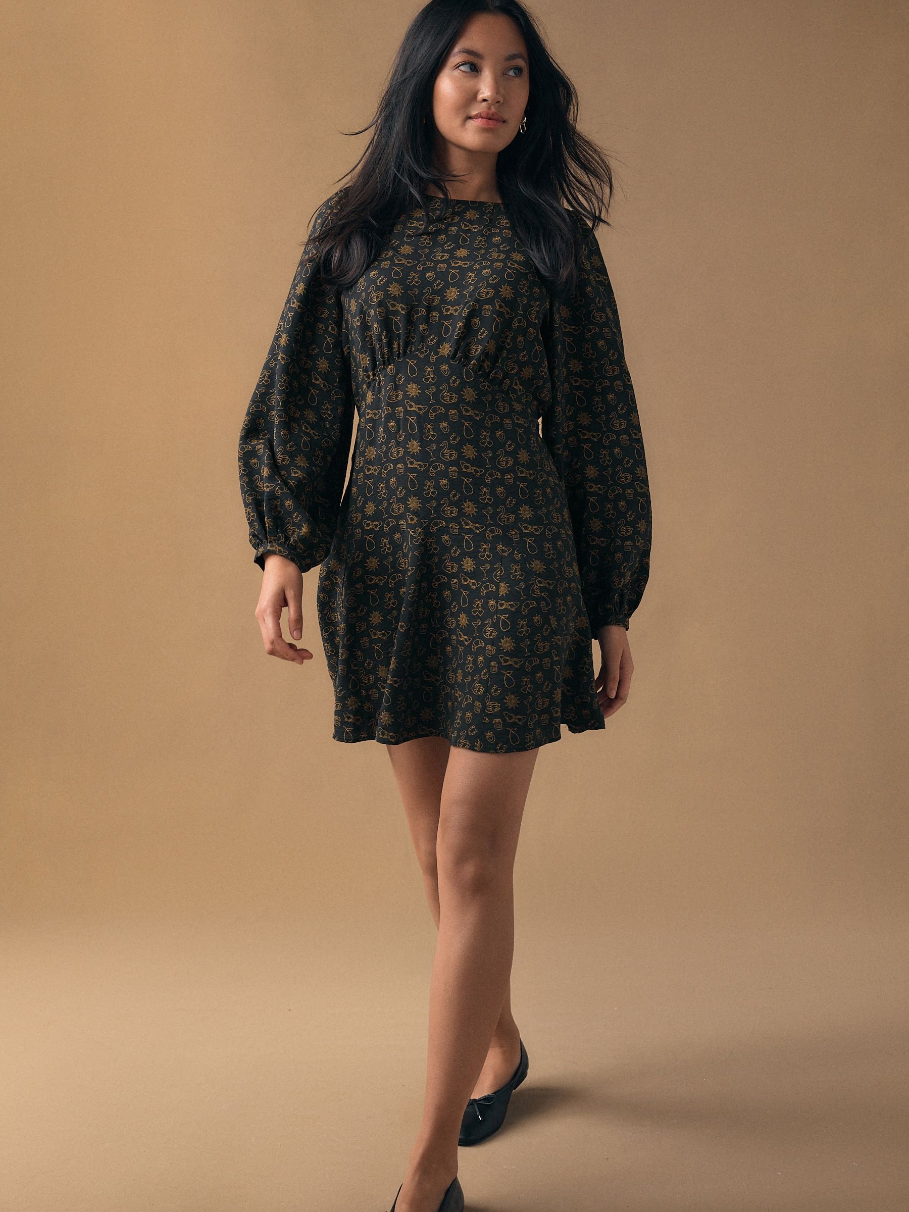 Black Croissant Print Mini Long Sleeve A-Line Seam Detail Dress