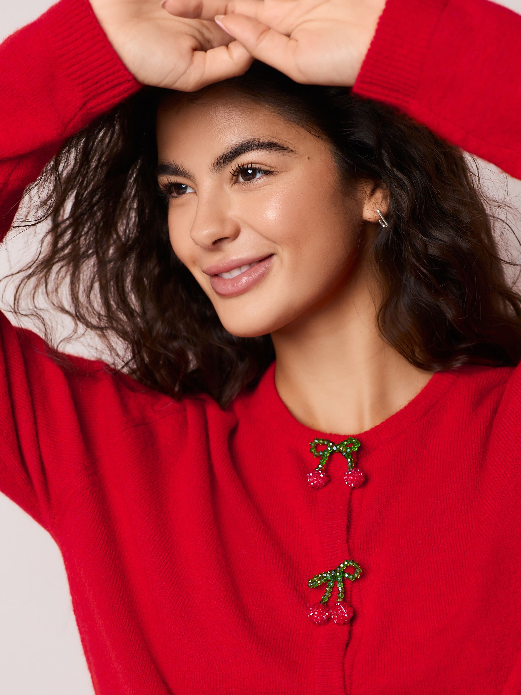 Red Cherry Buttons Crew Neck Knitted Cardigan With Wool