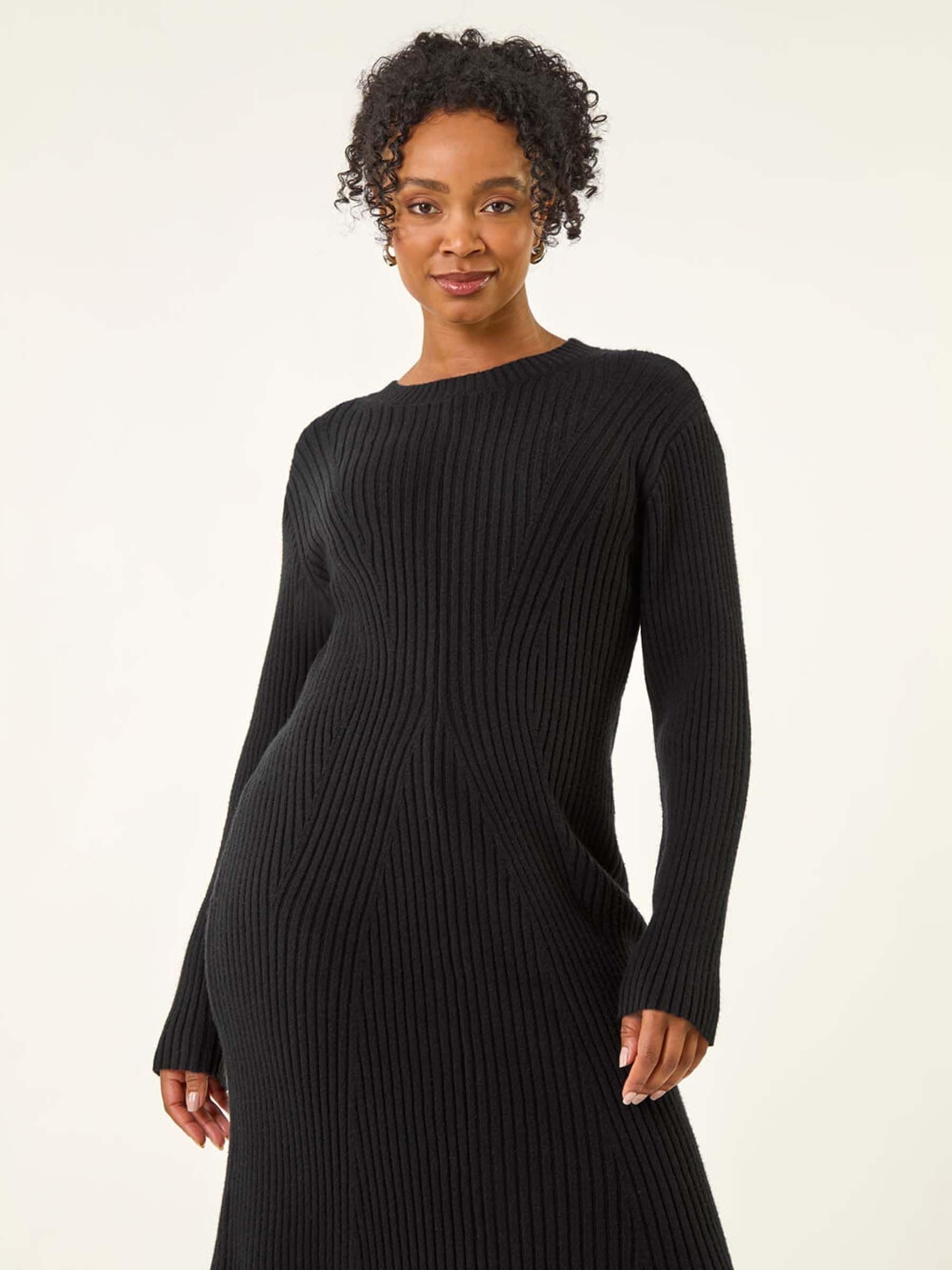 Roman Black Petite Ribbed Knitted Dress