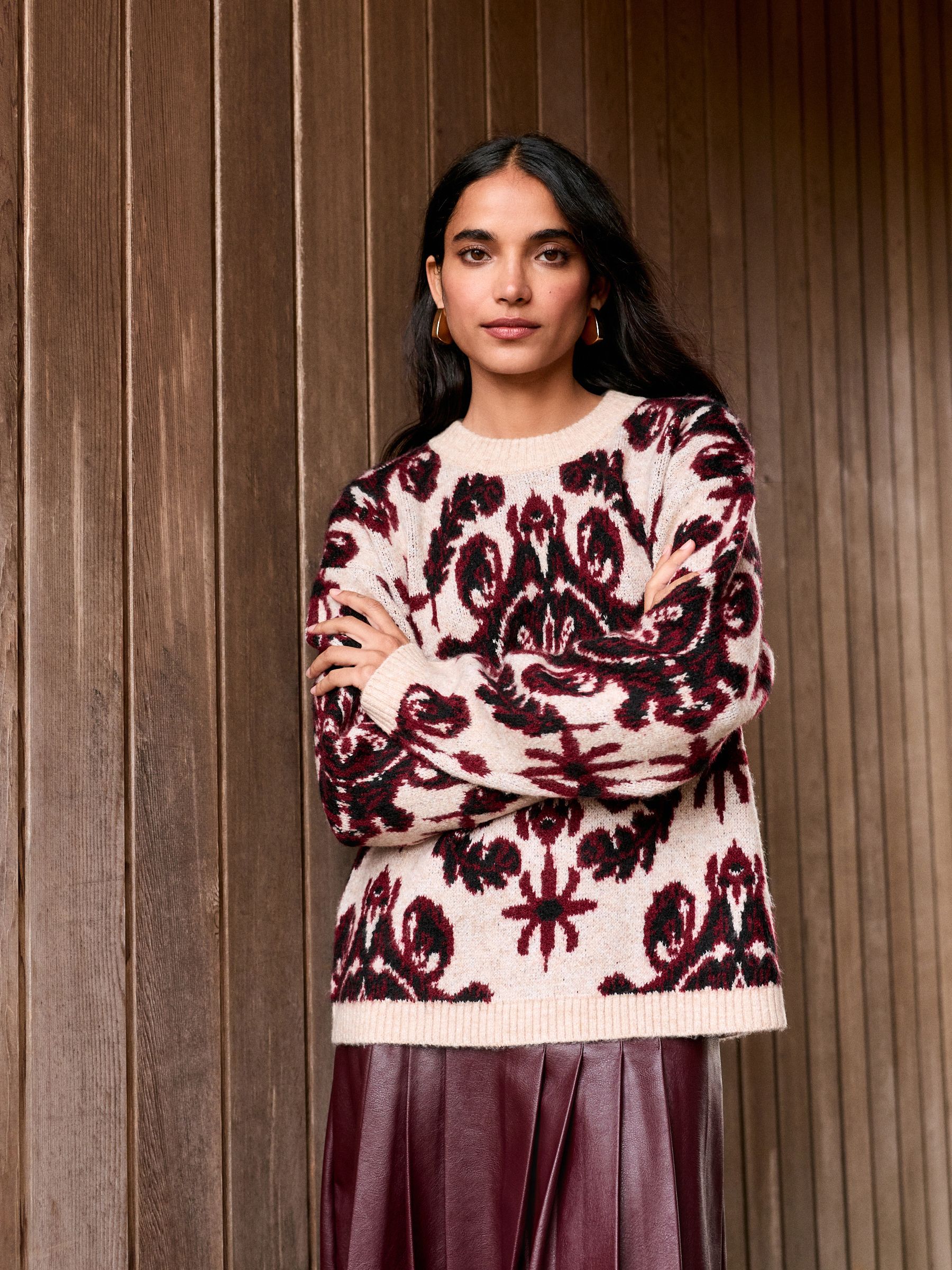 Neutral/Burgundy Statement Paisley Crew Neck Jumper