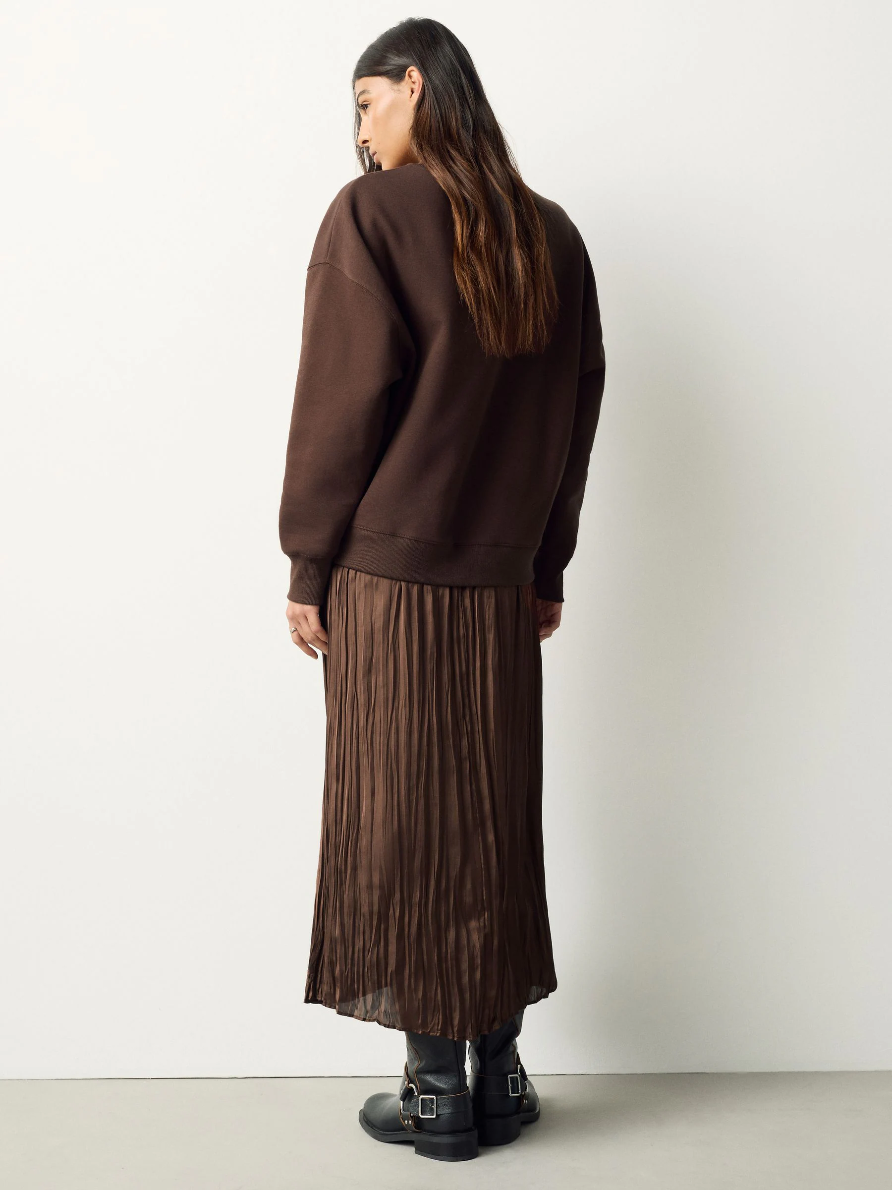 Chocolate Brown Embroidery 2-In-1 Sweatshirt With Satin Midi Skirt