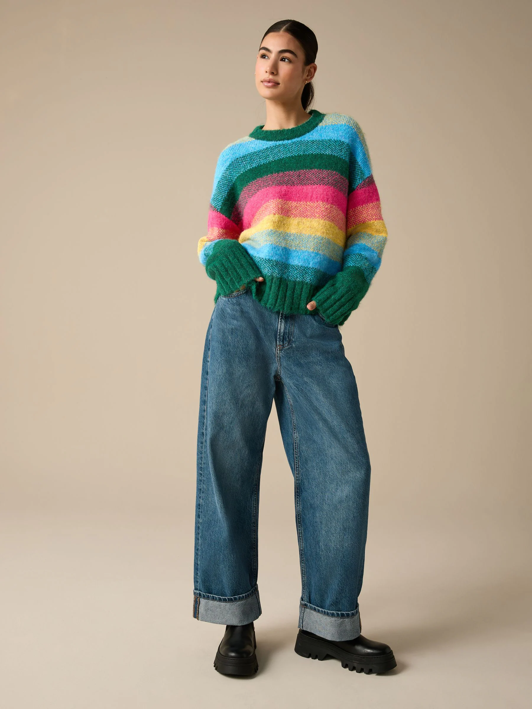 Rainbow Stripe Crew Neck Jumper With Wool