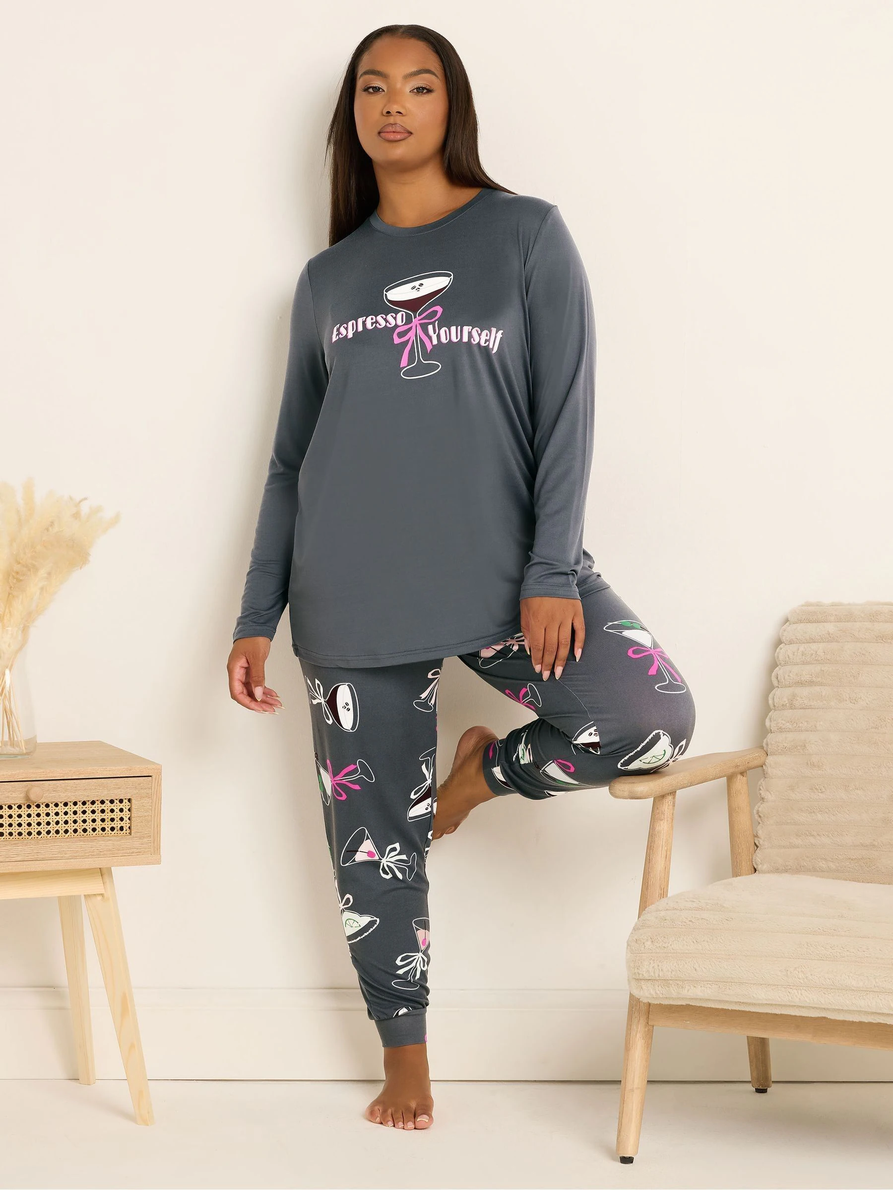 Yours Curve Grey Soft Touch Cocktails Long Sleeve Pyjamas Set
