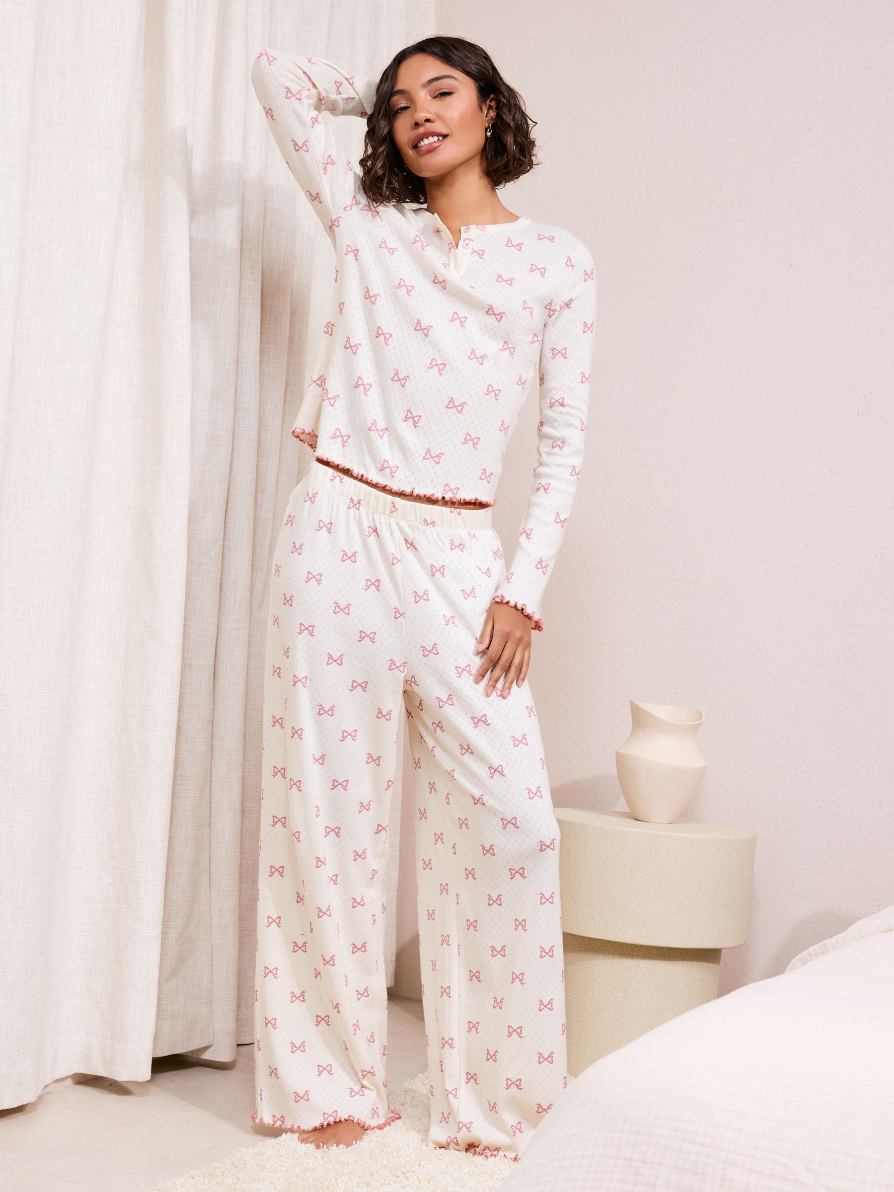Friends Like These White/Pink Bow Pointelle Wide Leg Pyjamas