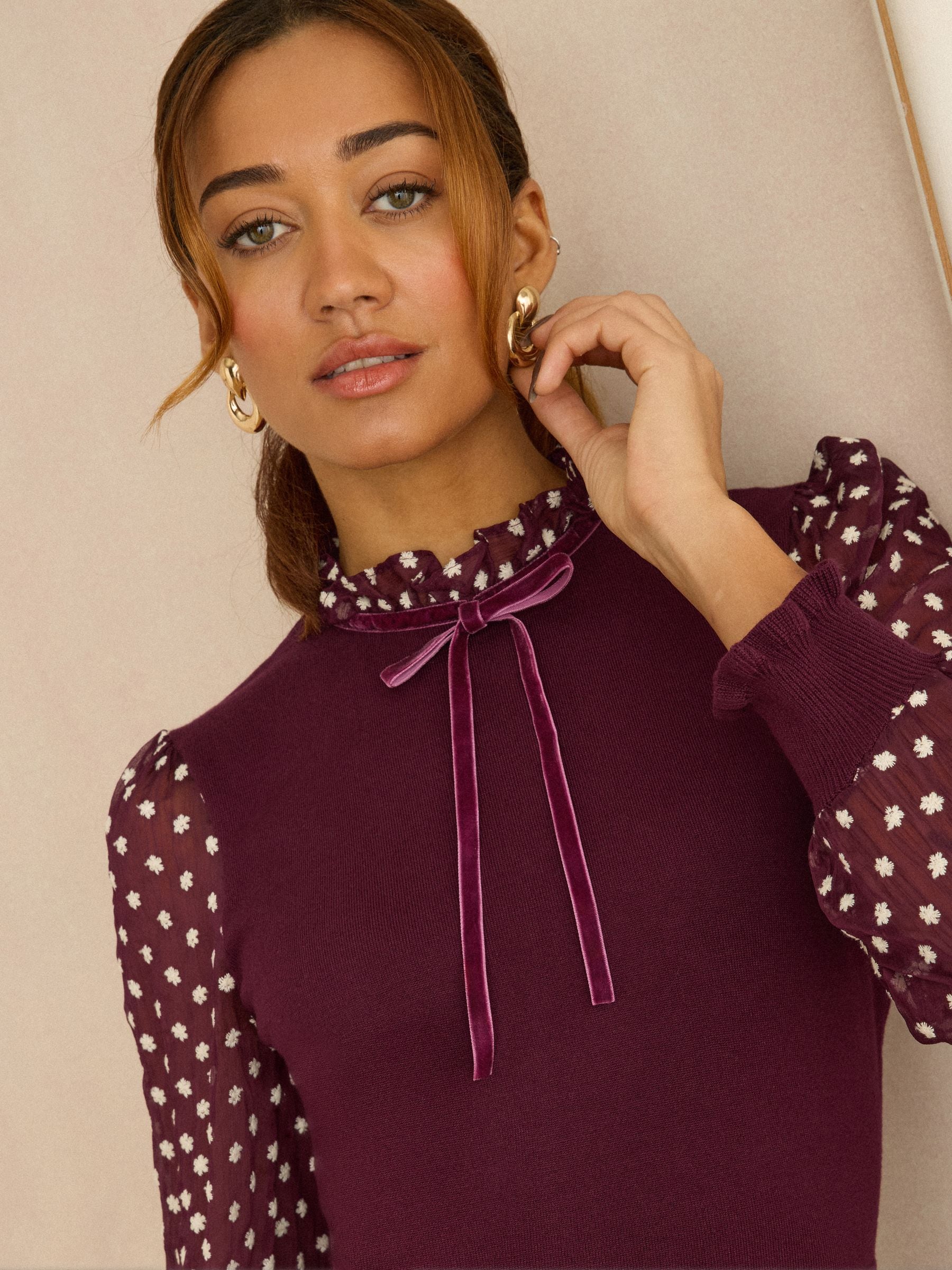 Love & Roses Burgundy Red Frill Neck Chiffon Sleeve Knitted Mini Dress