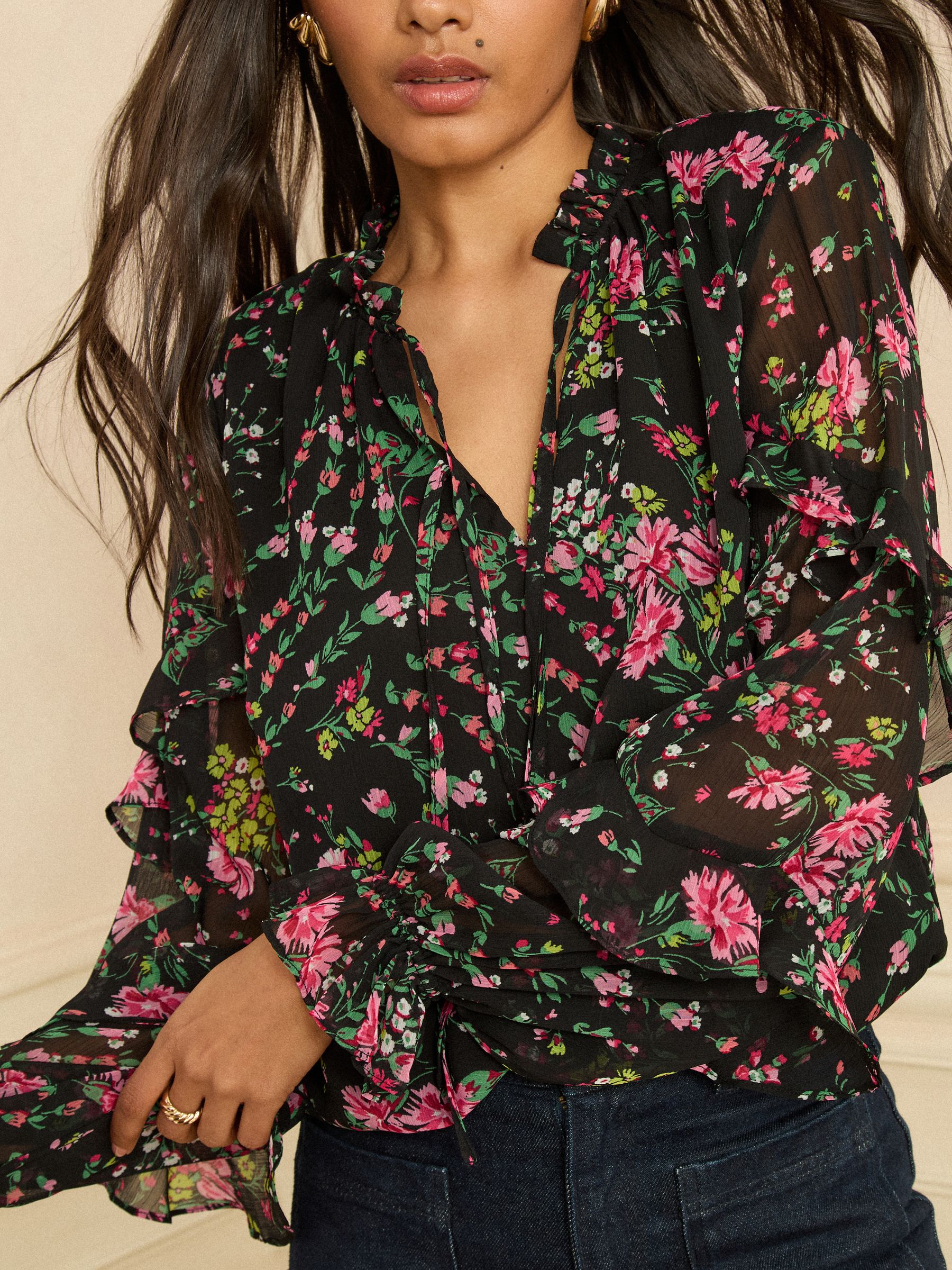 Love & Roses Black Floral Notch Neck Frill Cuff Blouse