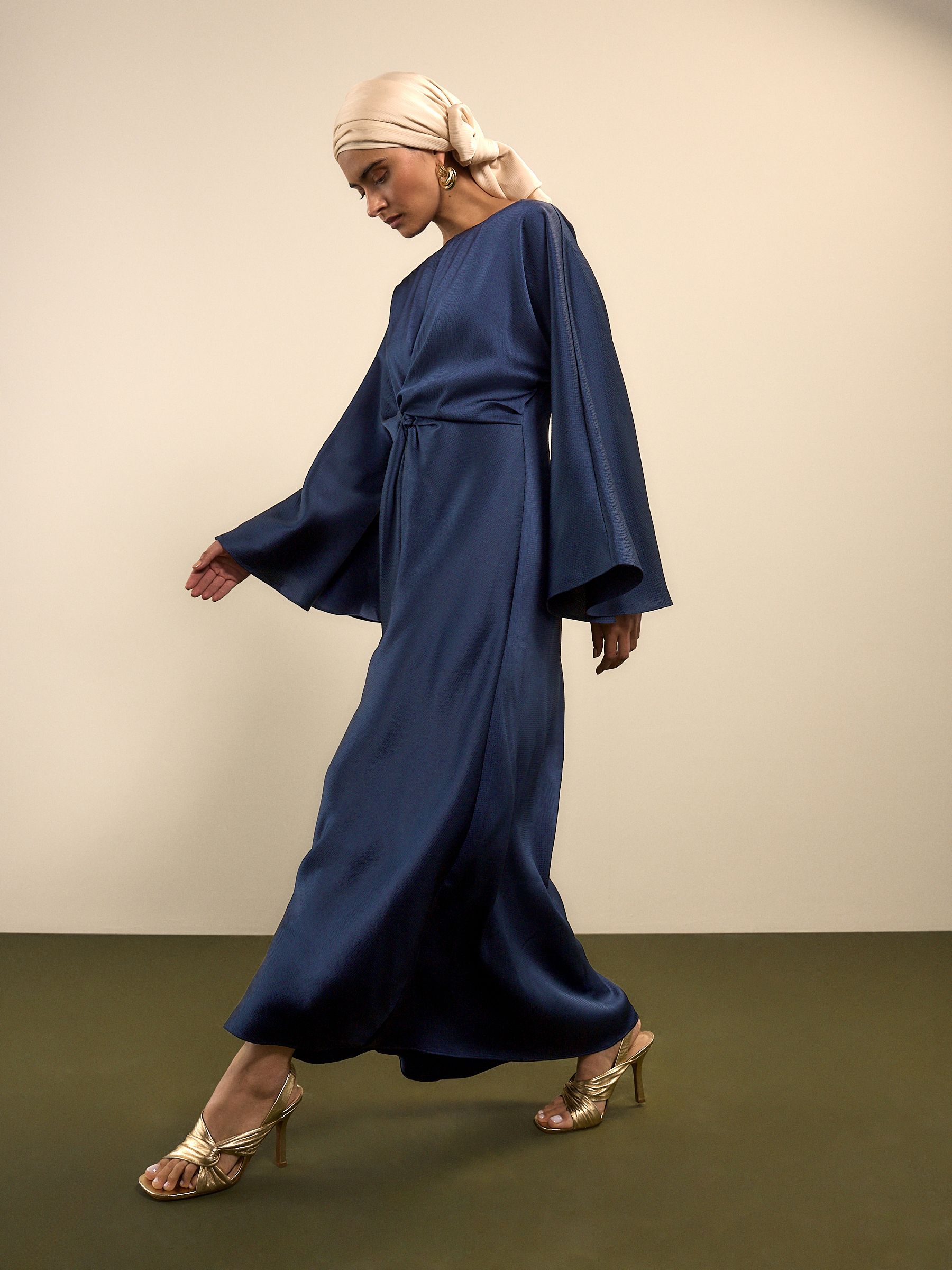 Navy Blue Twist Front Long Sleeve Satin Maxi Dress