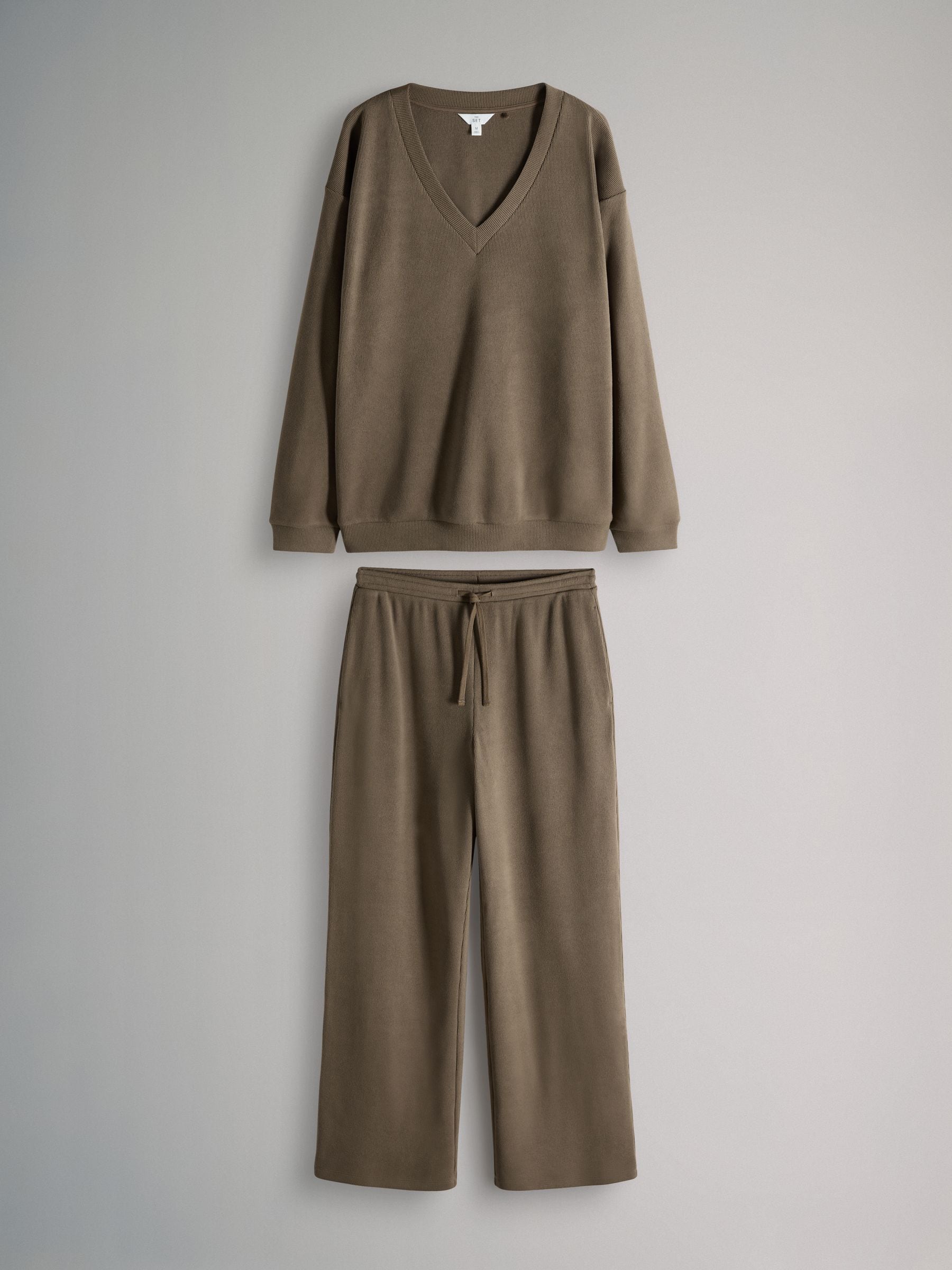 The Set Waffle V-Neck Sweat Top And Wide Leg Jogger Set Taupe Brown