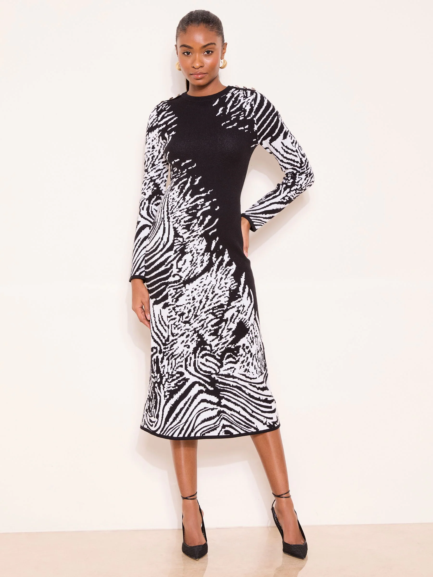 Lipsy Monochrome Animal Printed Buttoned Fit and Flare Long Sleeve Knitted Midi Dress