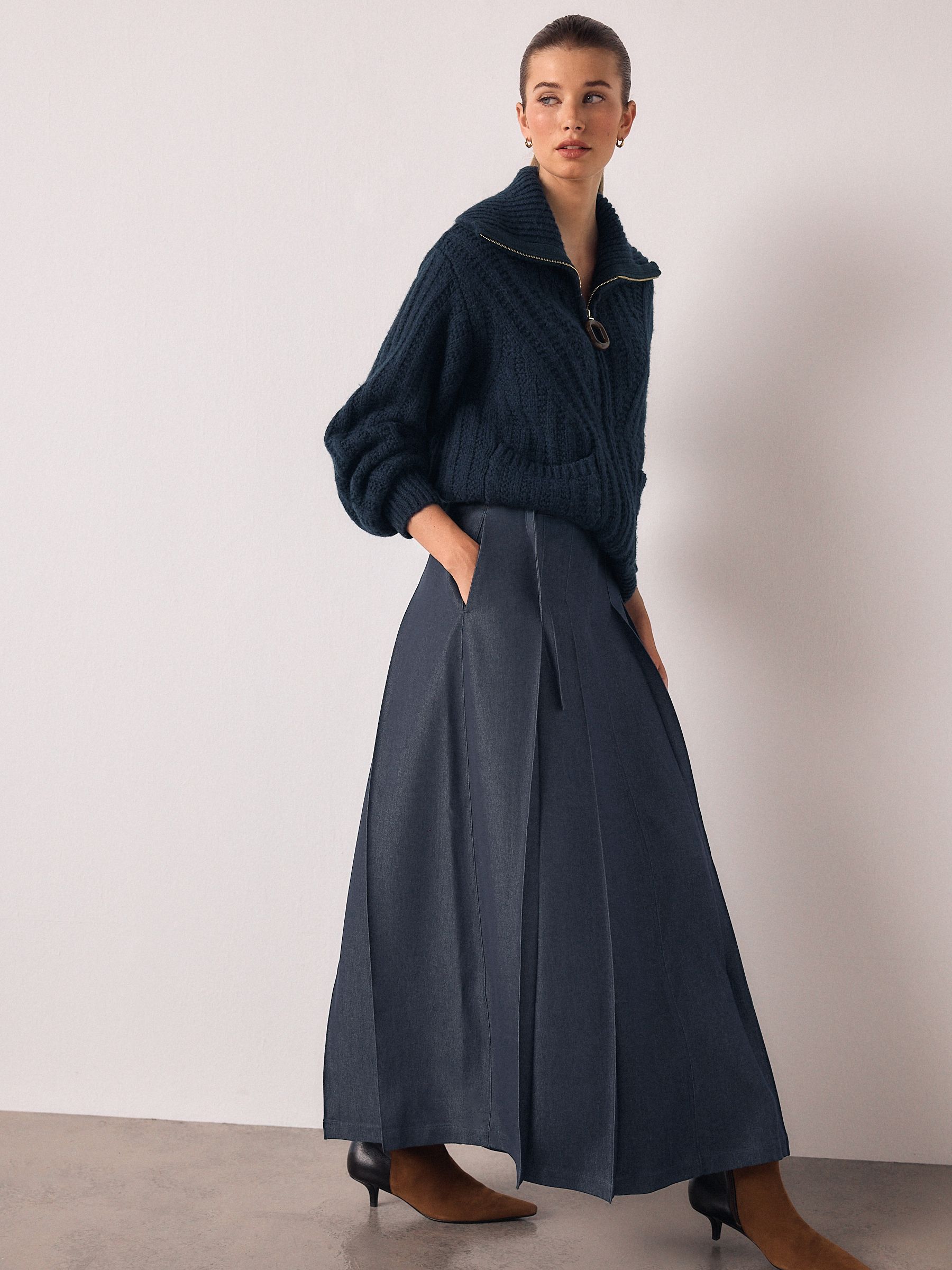 Navy Denim Look Belted Midi Kilt