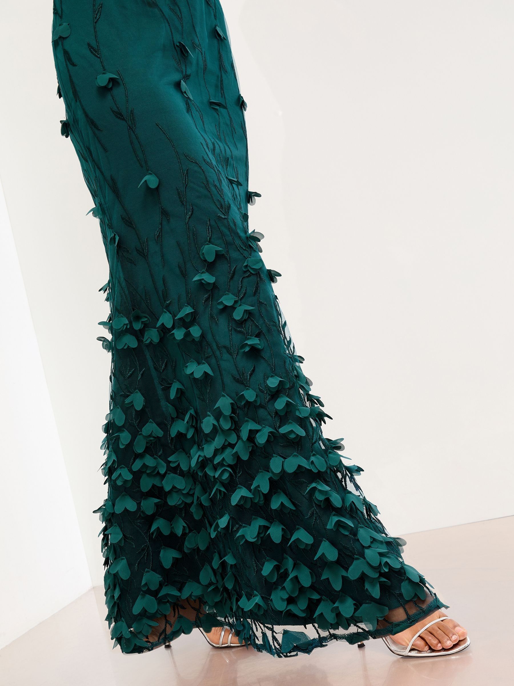 Lipsy Teal Blue Premium Floral 3D Textured Halter Maxi Dress