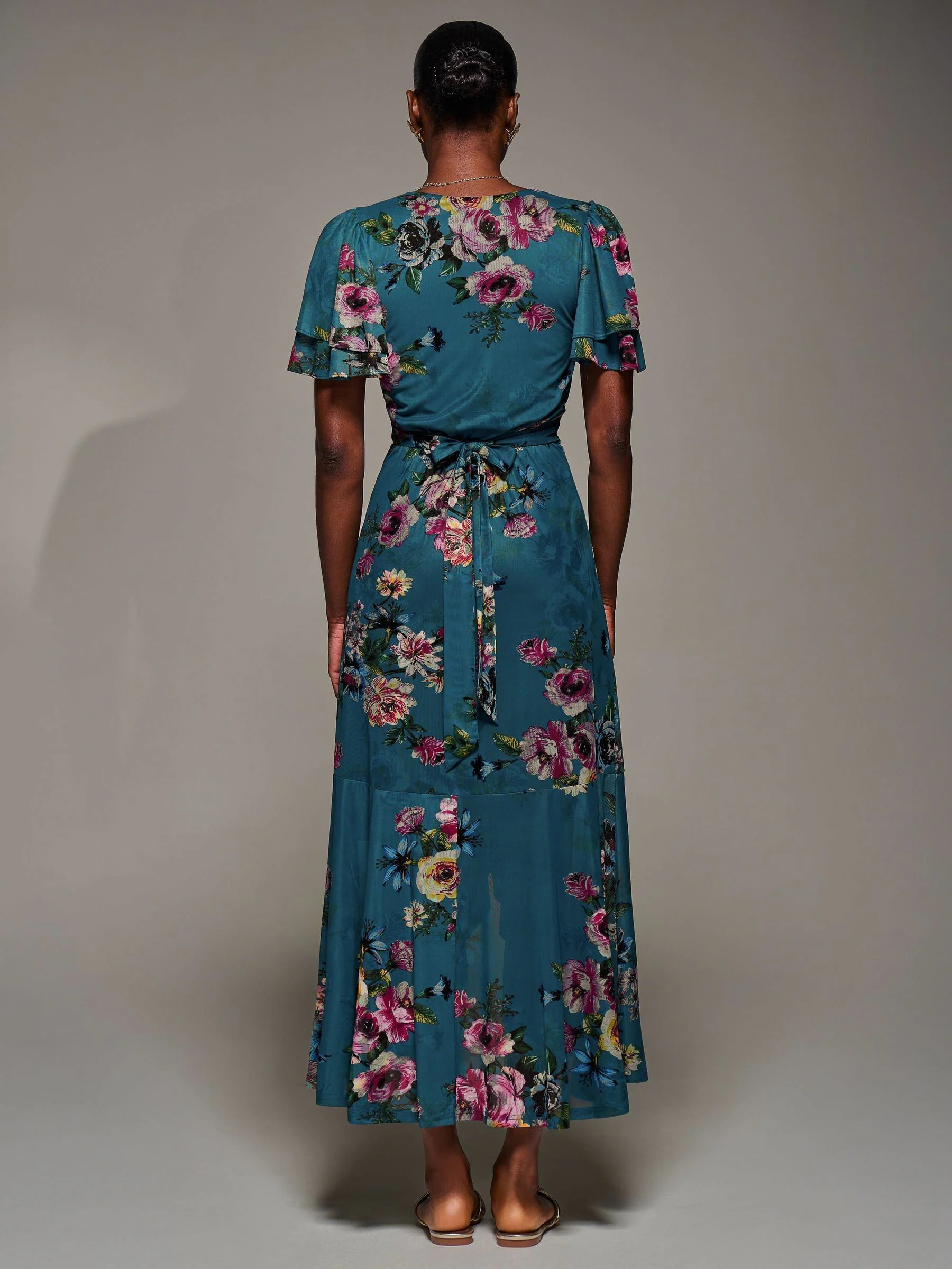 Jolie Moi Green Angel Sleeve Mesh Frill Wrap Maxi Dress