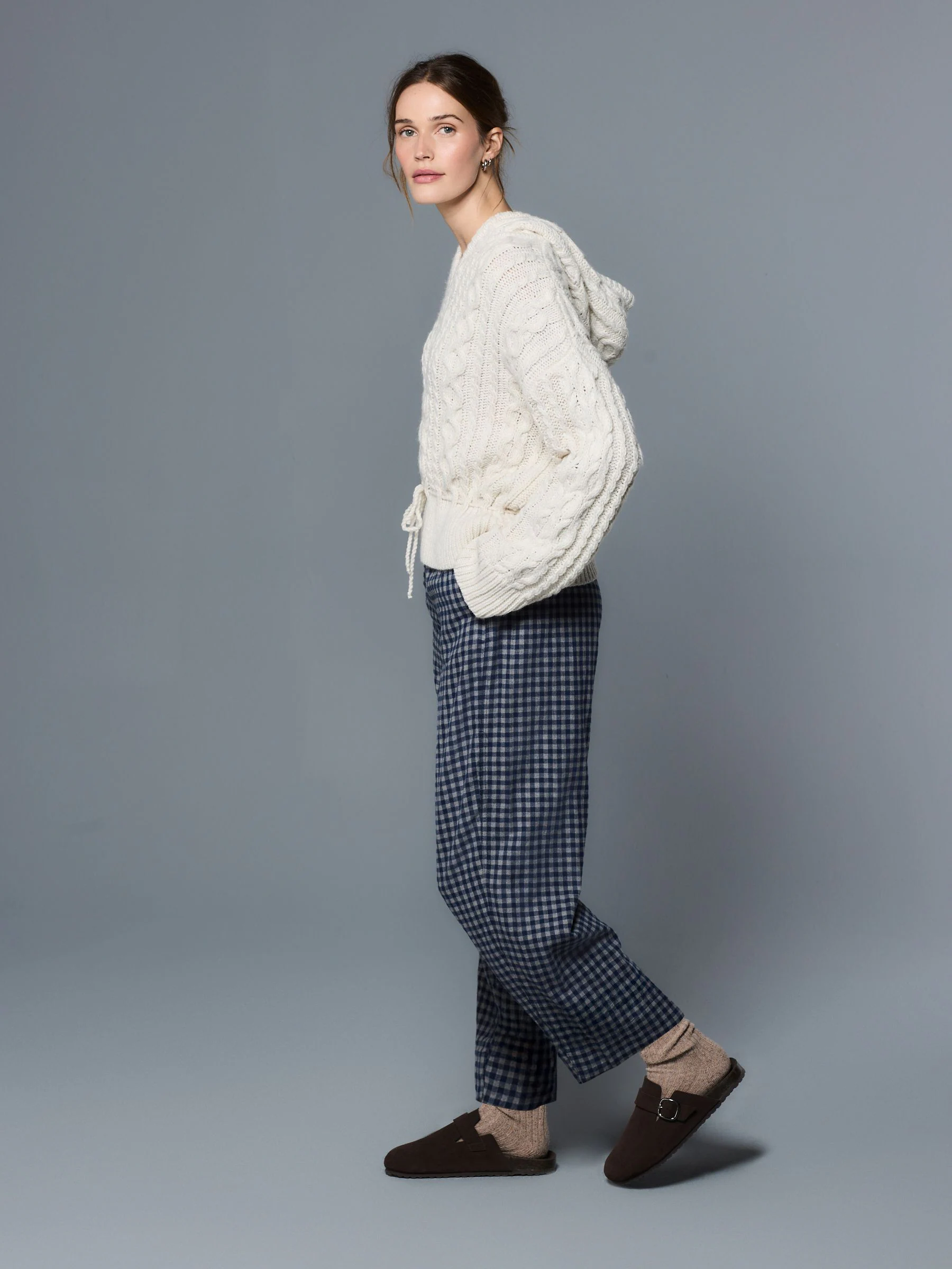 Ecru Cable Knit Tie Waist Hooded Jumper With Wool