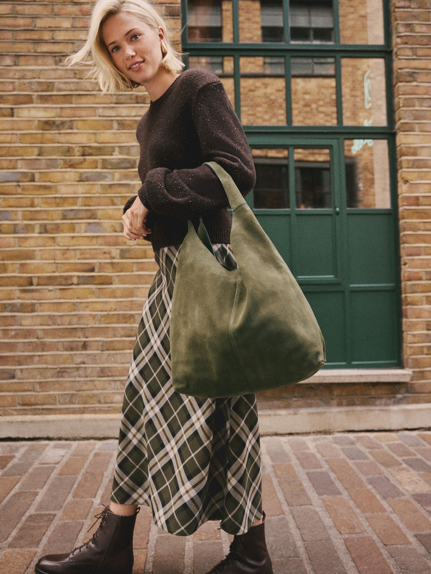 Green Suede Leather Slouchy Shoulder Bag